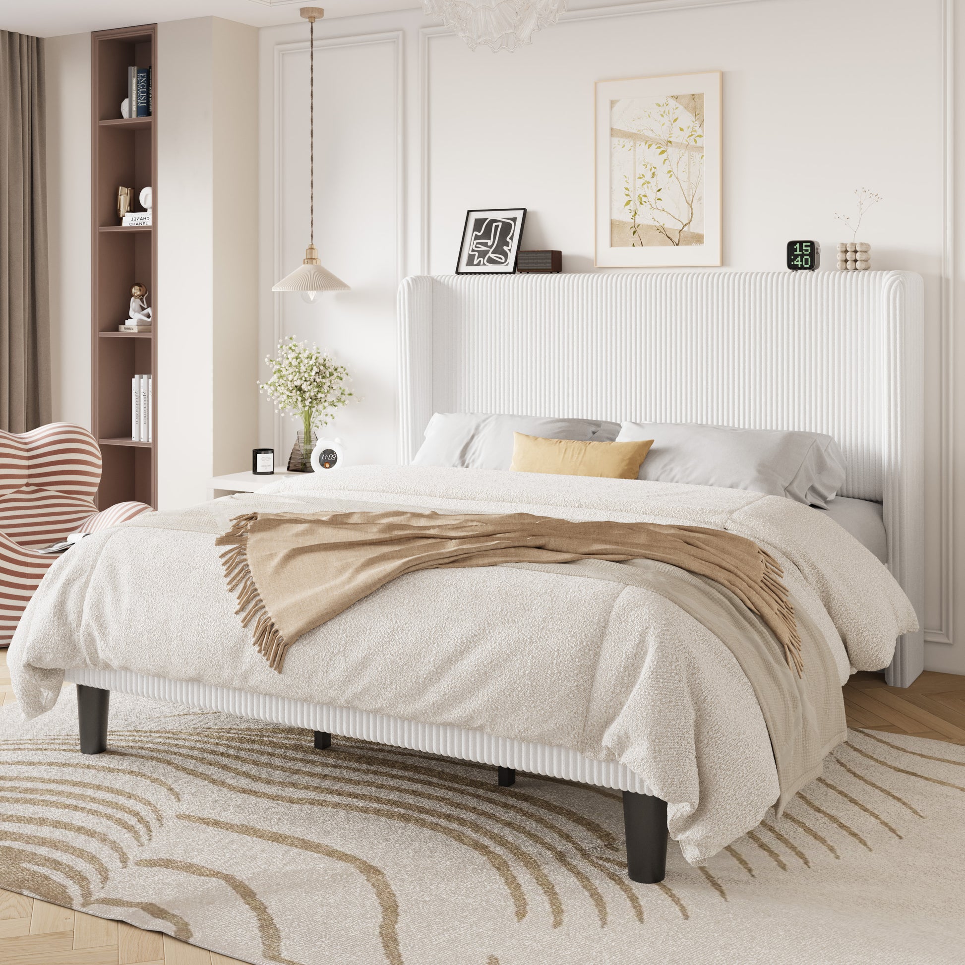 Einfach Luxury Channel-Tufted Corduroy Velvet Platform Bed Frame with Wingback Headboard