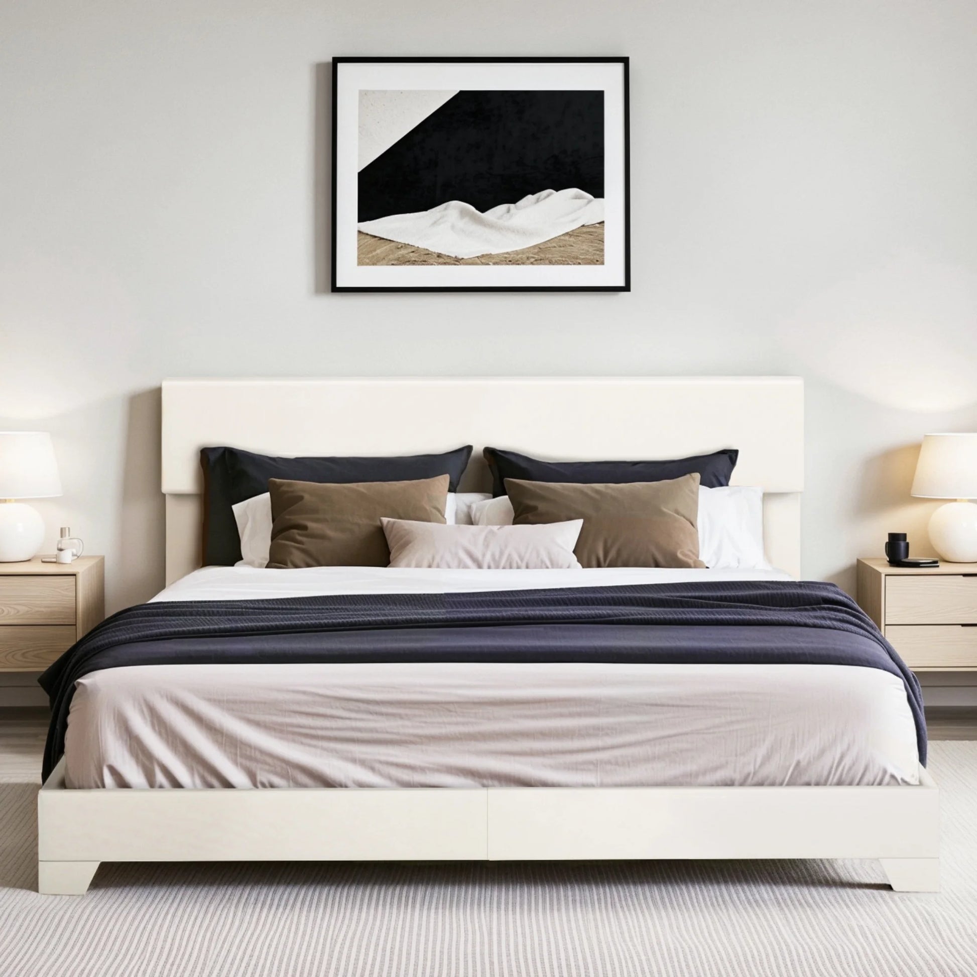 Einfach Leather Upholstered Bed Frame with Adjustable Headboard, No Box Spring Needed, Low