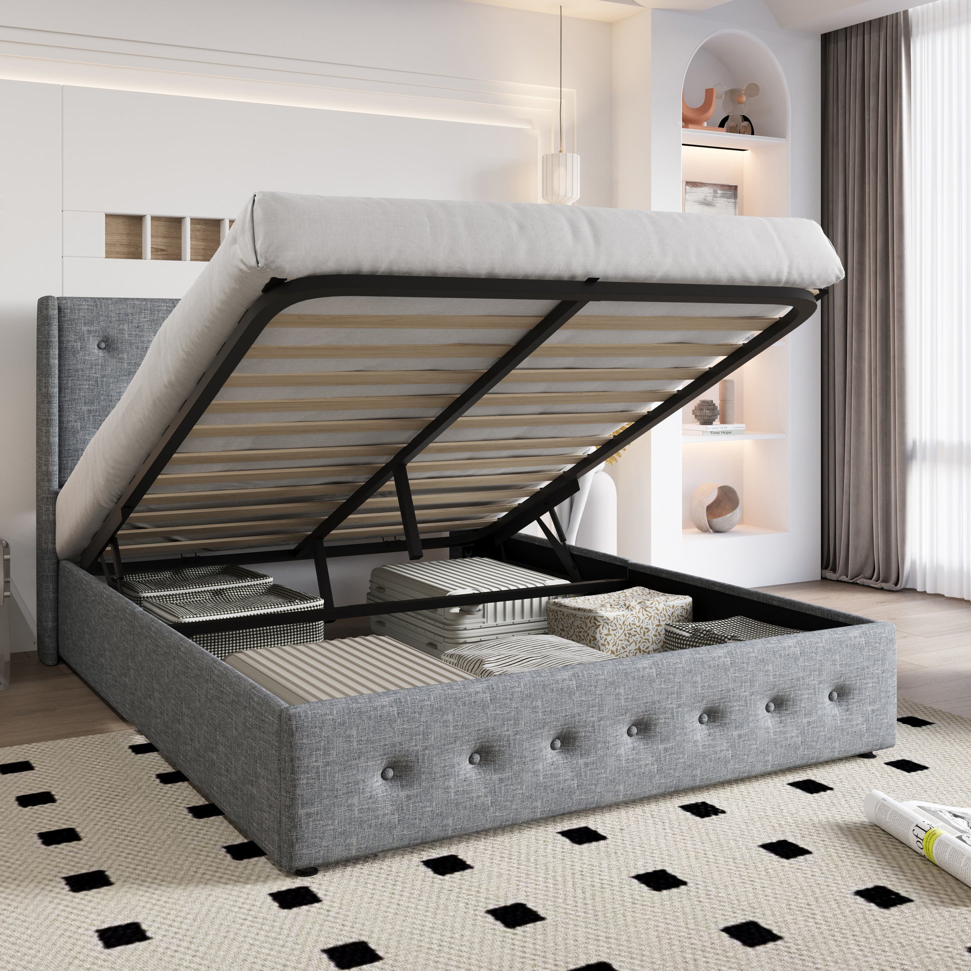 Einfach Lift up Platform Storage Bed Frame with Upholstered Wingback Headboard