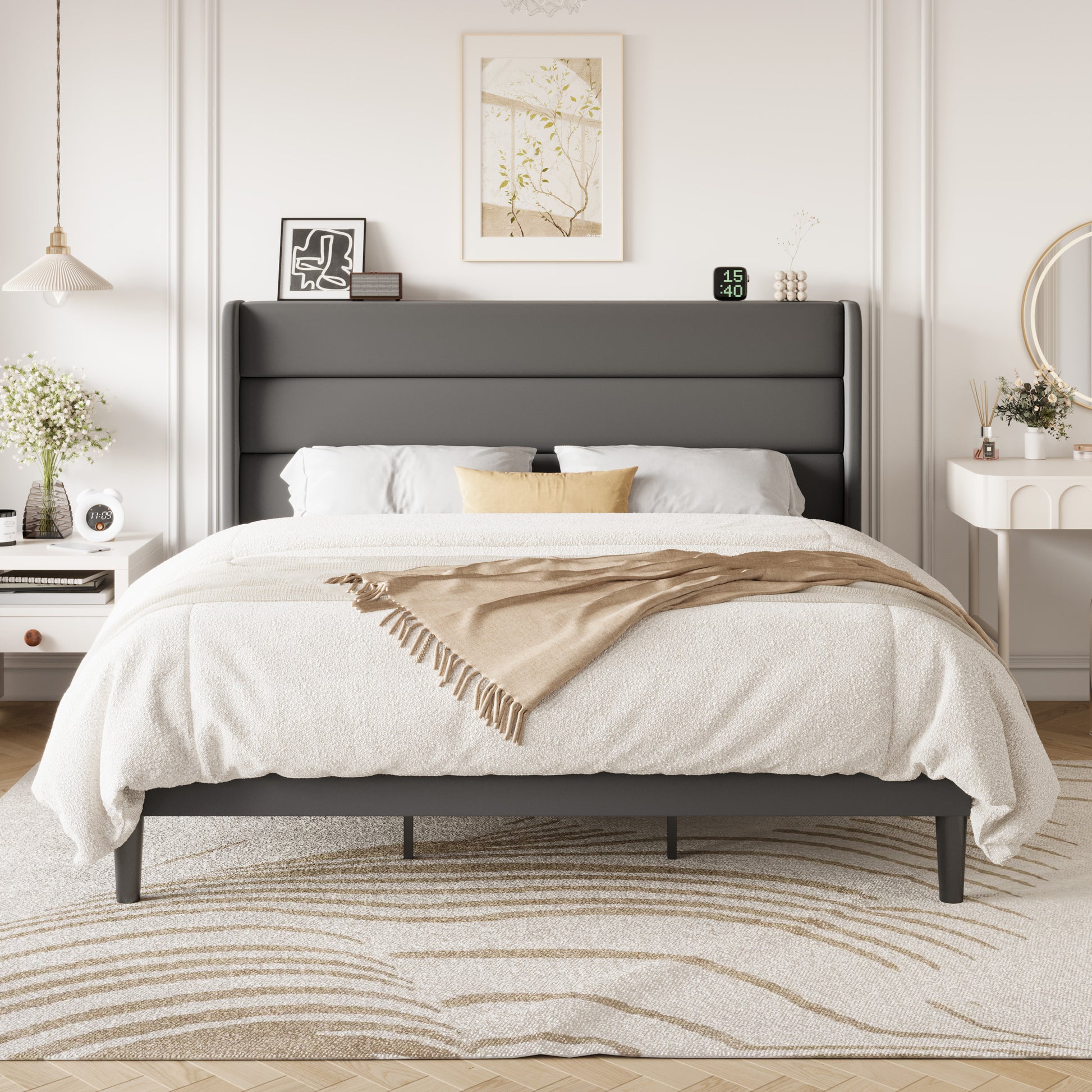 Einfach Luxury Velvet Upholstered Platform Bed Frame with Wingback Headboard