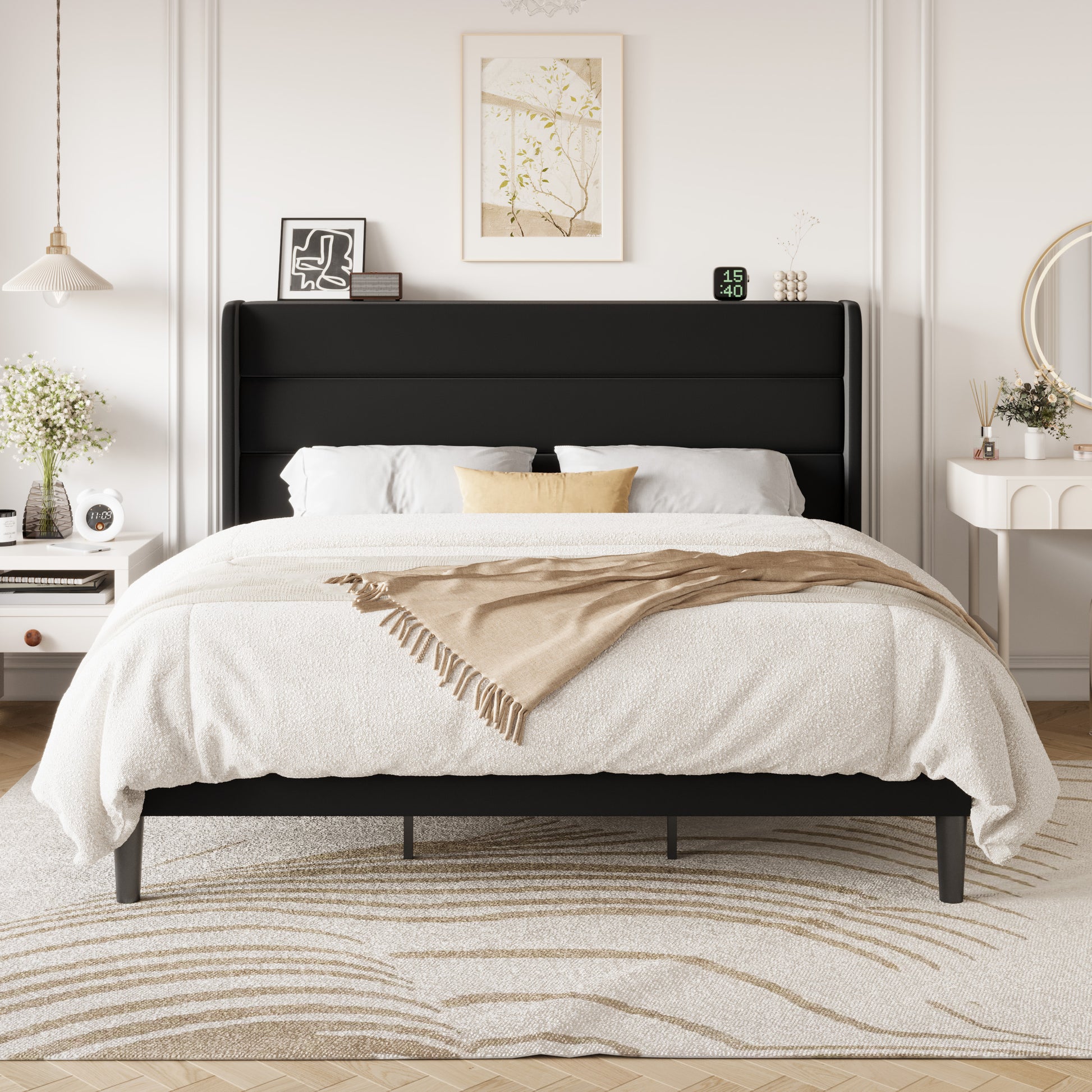 Einfach Luxury Velvet Upholstered Platform Bed Frame with Wingback Headboard