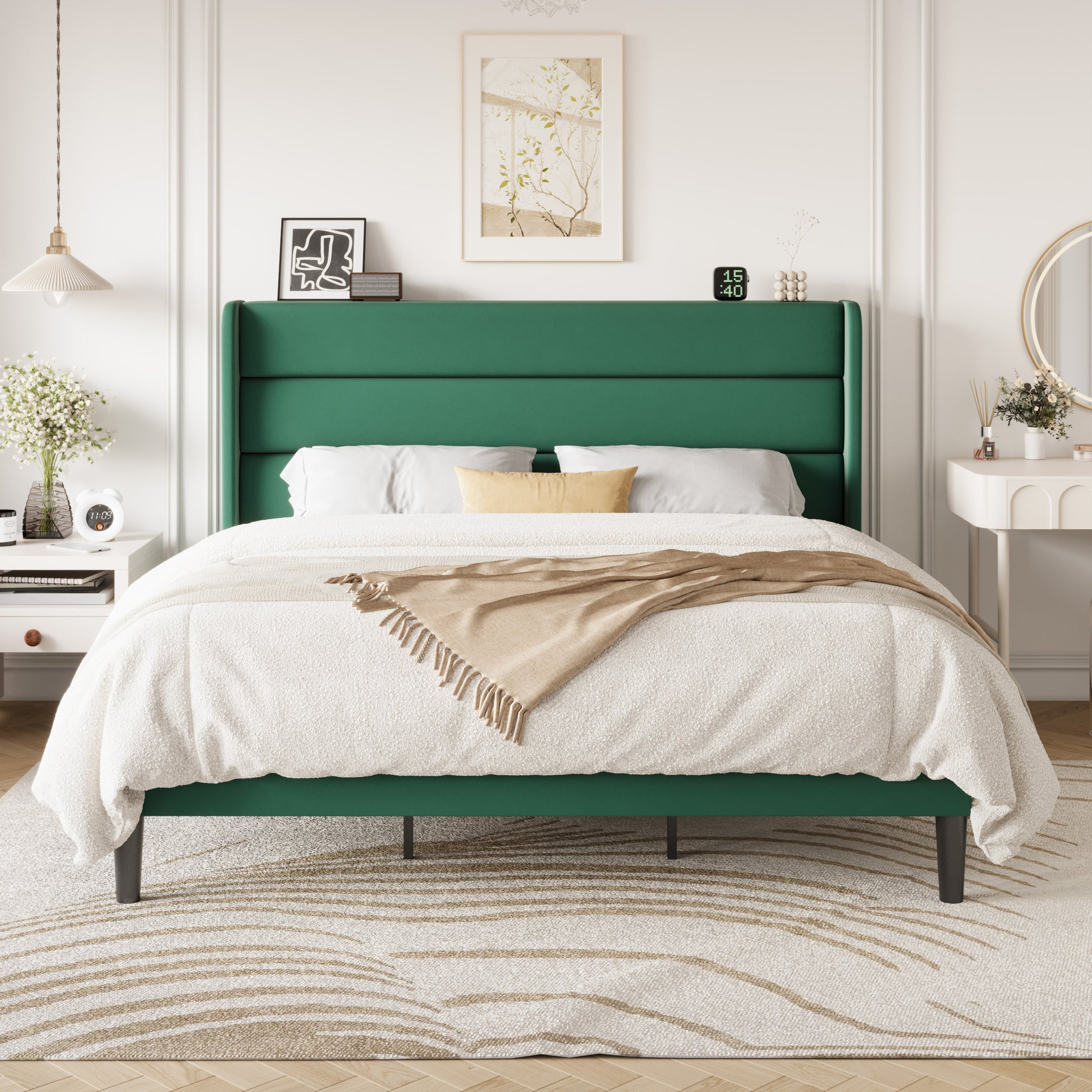 Einfach Luxury Velvet Upholstered Platform Bed Frame with Wingback Headboard