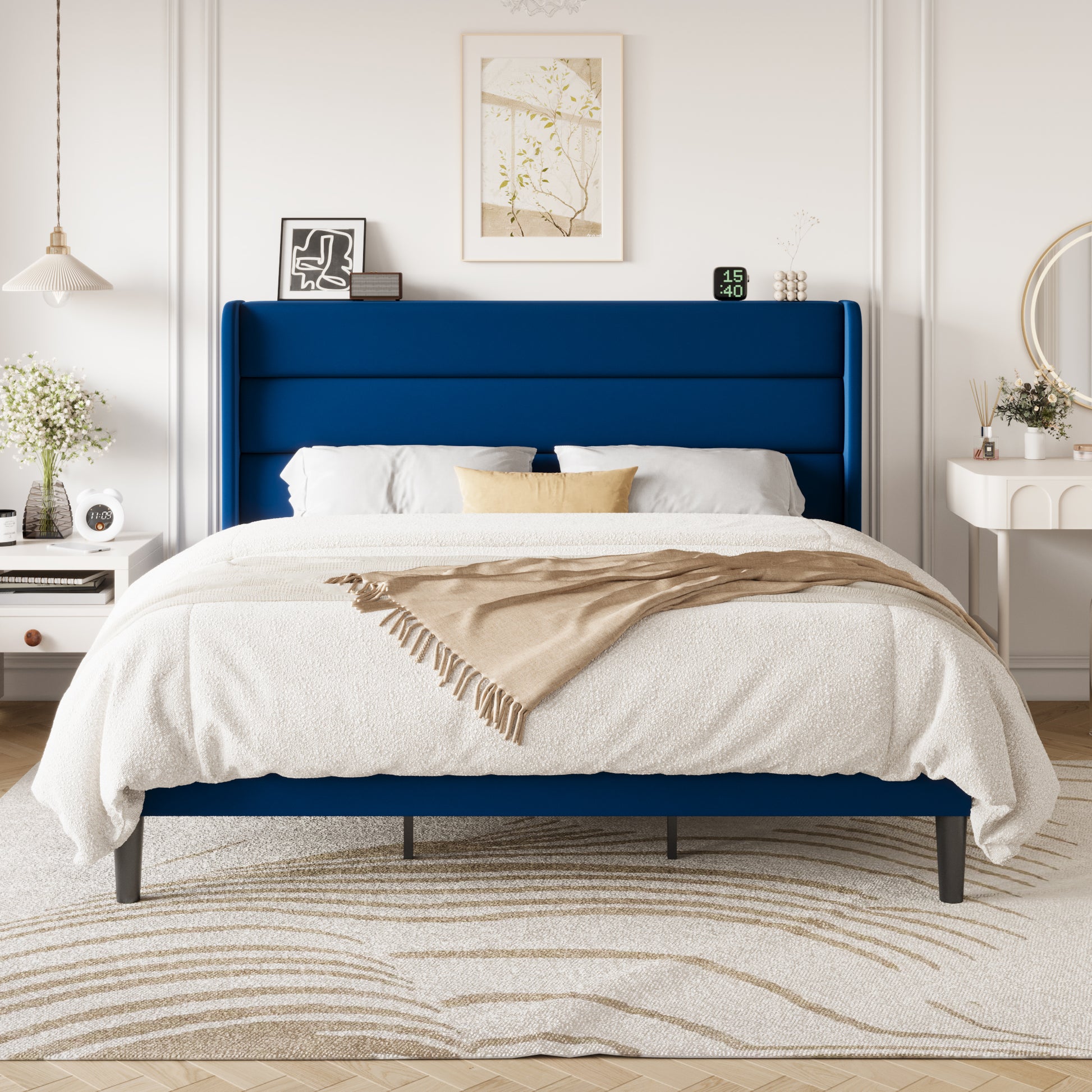 Einfach Luxury Velvet Upholstered Platform Bed Frame with Wingback Headboard