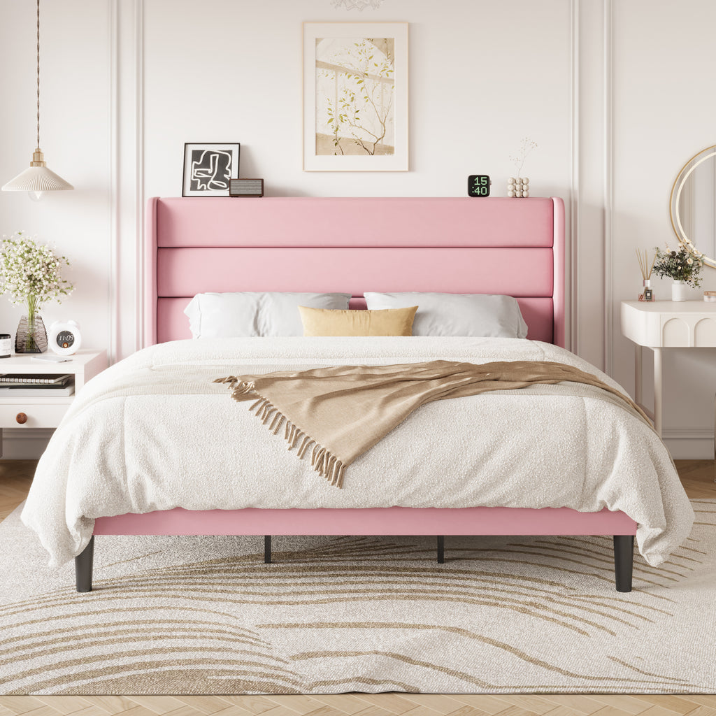 Einfach Luxury Velvet Upholstered Platform Bed Frame with Wingback Headboard