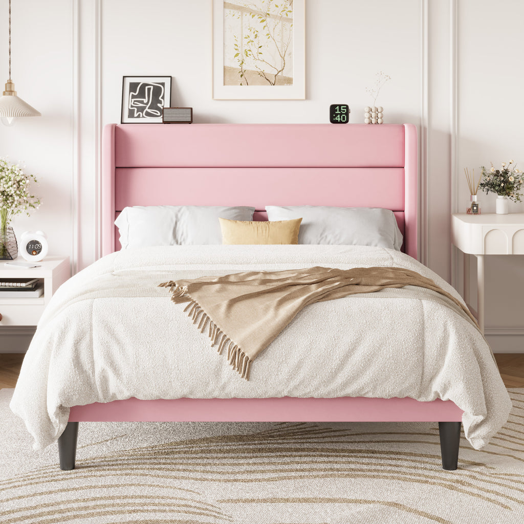 Einfach Luxury Velvet Upholstered Platform Bed Frame with Wingback Headboard