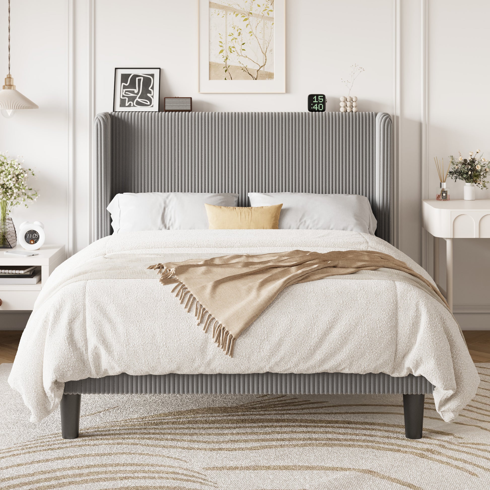 Einfach Luxury Channel-Tufted Corduroy Velvet Platform Bed Frame with Wingback Headboard