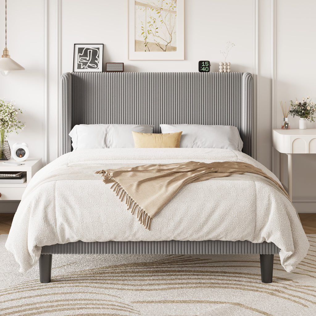 Einfach Luxury Channel-Tufted Corduroy Velvet Platform Bed Frame with Wingback Headboard