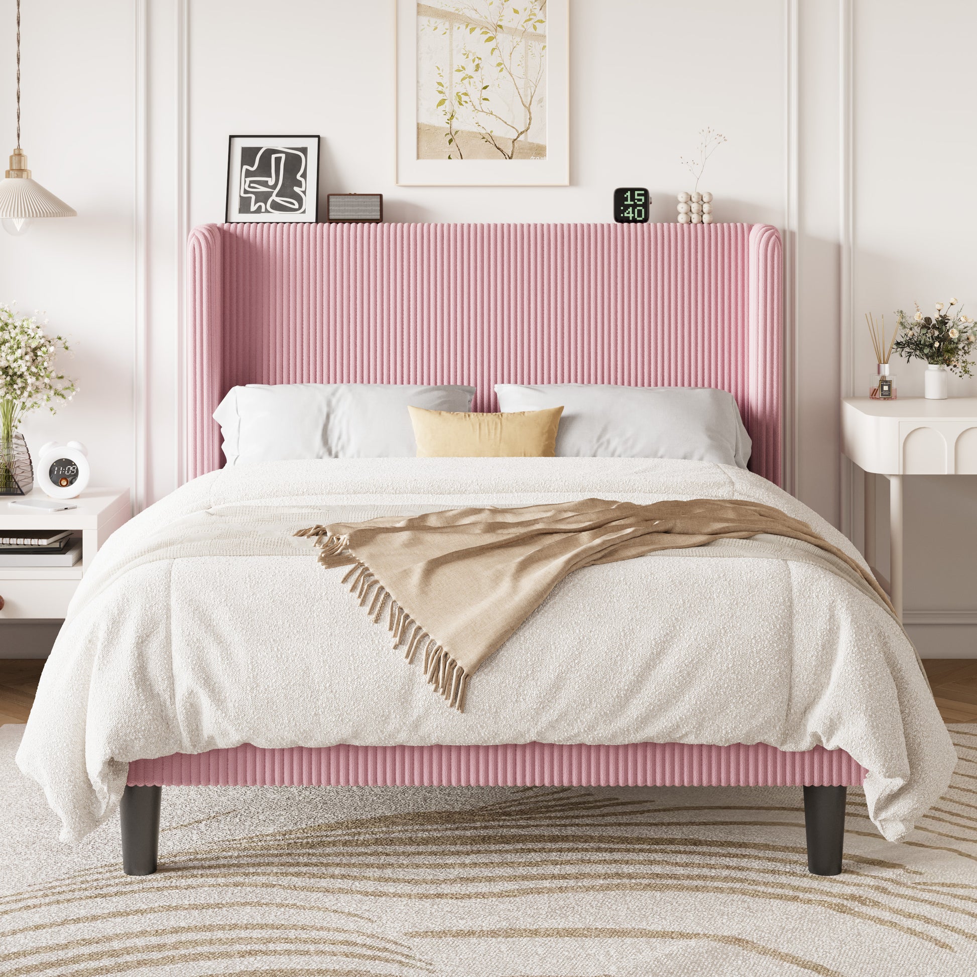 Einfach Luxury Channel-Tufted Corduroy Velvet Platform Bed Frame with Wingback Headboard