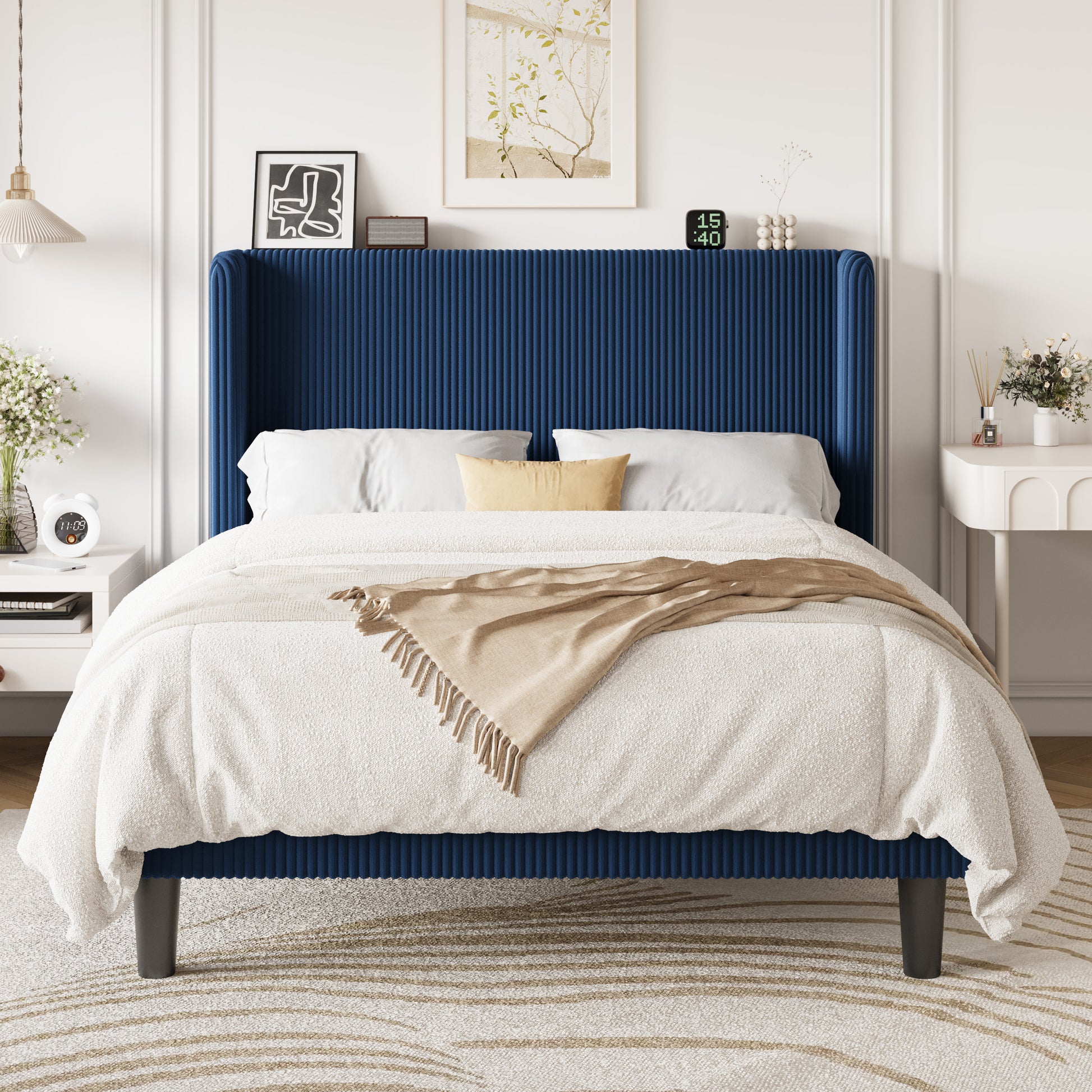 Einfach Luxury Channel-Tufted Corduroy Velvet Platform Bed Frame with Wingback Headboard