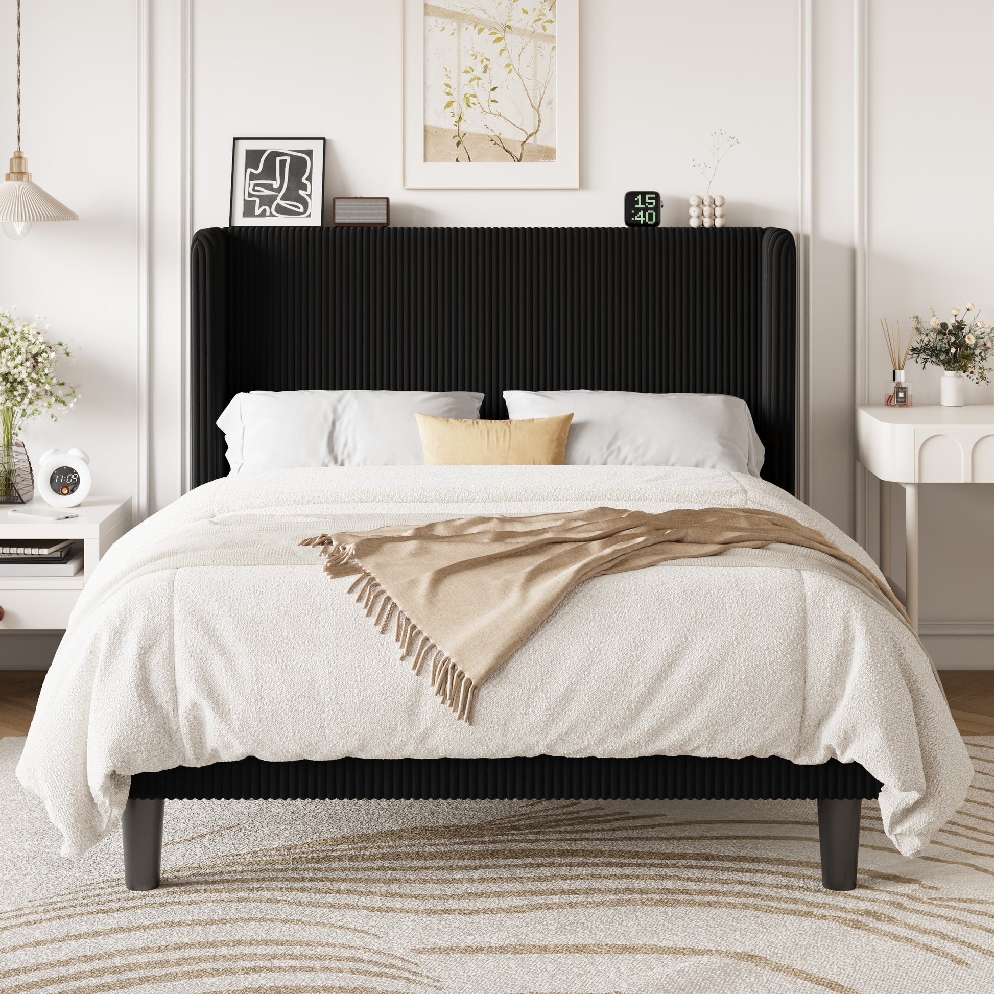Einfach Luxury Channel-Tufted Corduroy Velvet Platform Bed Frame with Wingback Headboard