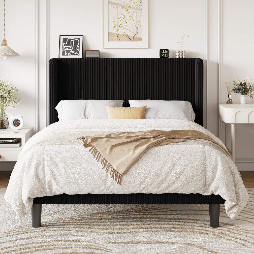 Einfach Luxury Channel-Tufted Corduroy Velvet Platform Bed Frame with Wingback Headboard