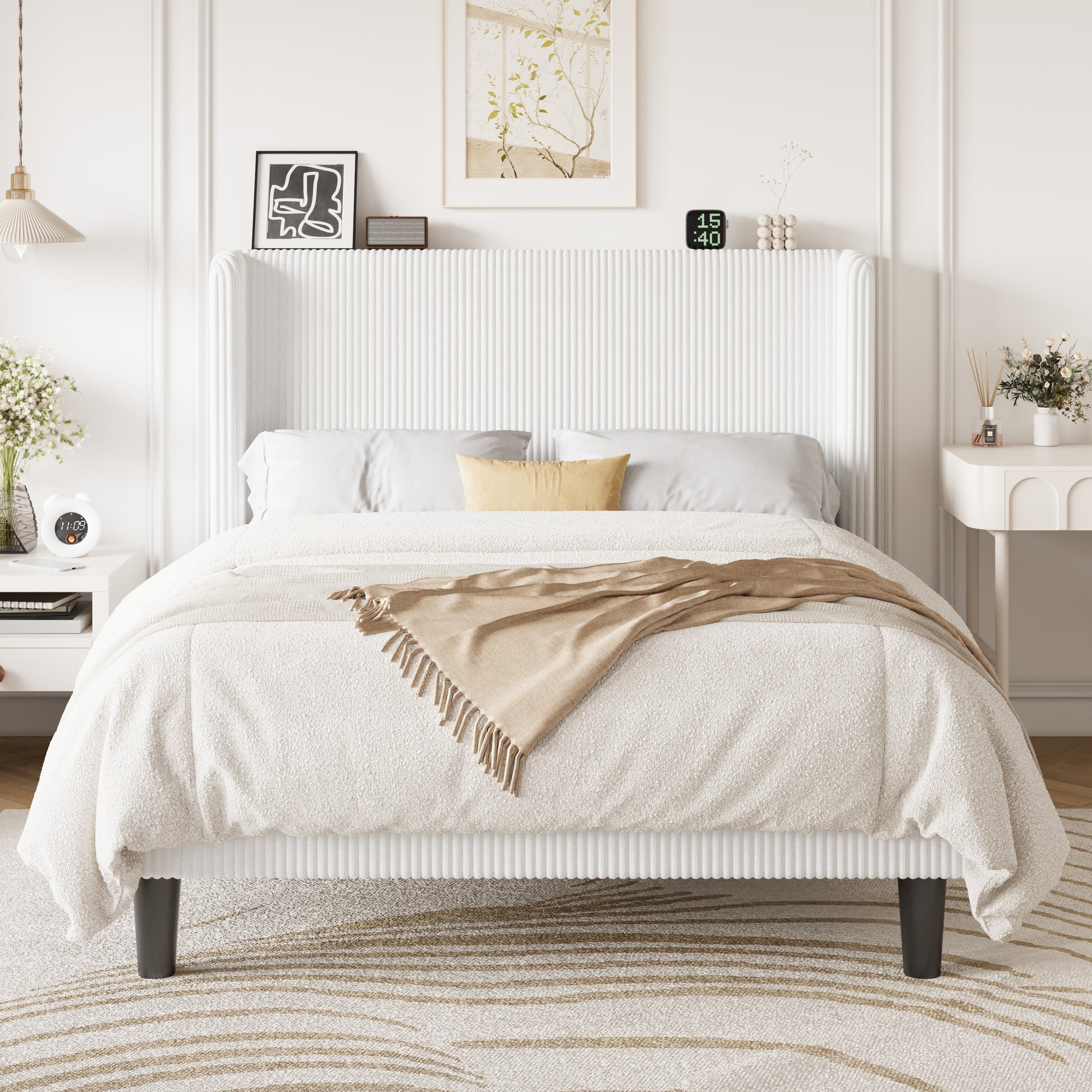 Einfach Luxury Channel-Tufted Corduroy Velvet Platform Bed Frame with Wingback Headboard