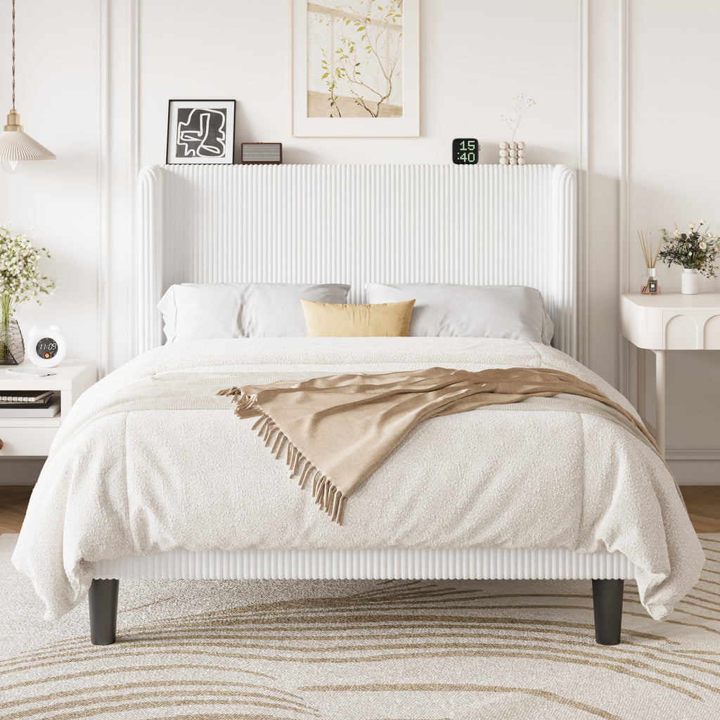 Einfach Luxury Channel-Tufted Corduroy Velvet Platform Bed Frame with Wingback Headboard