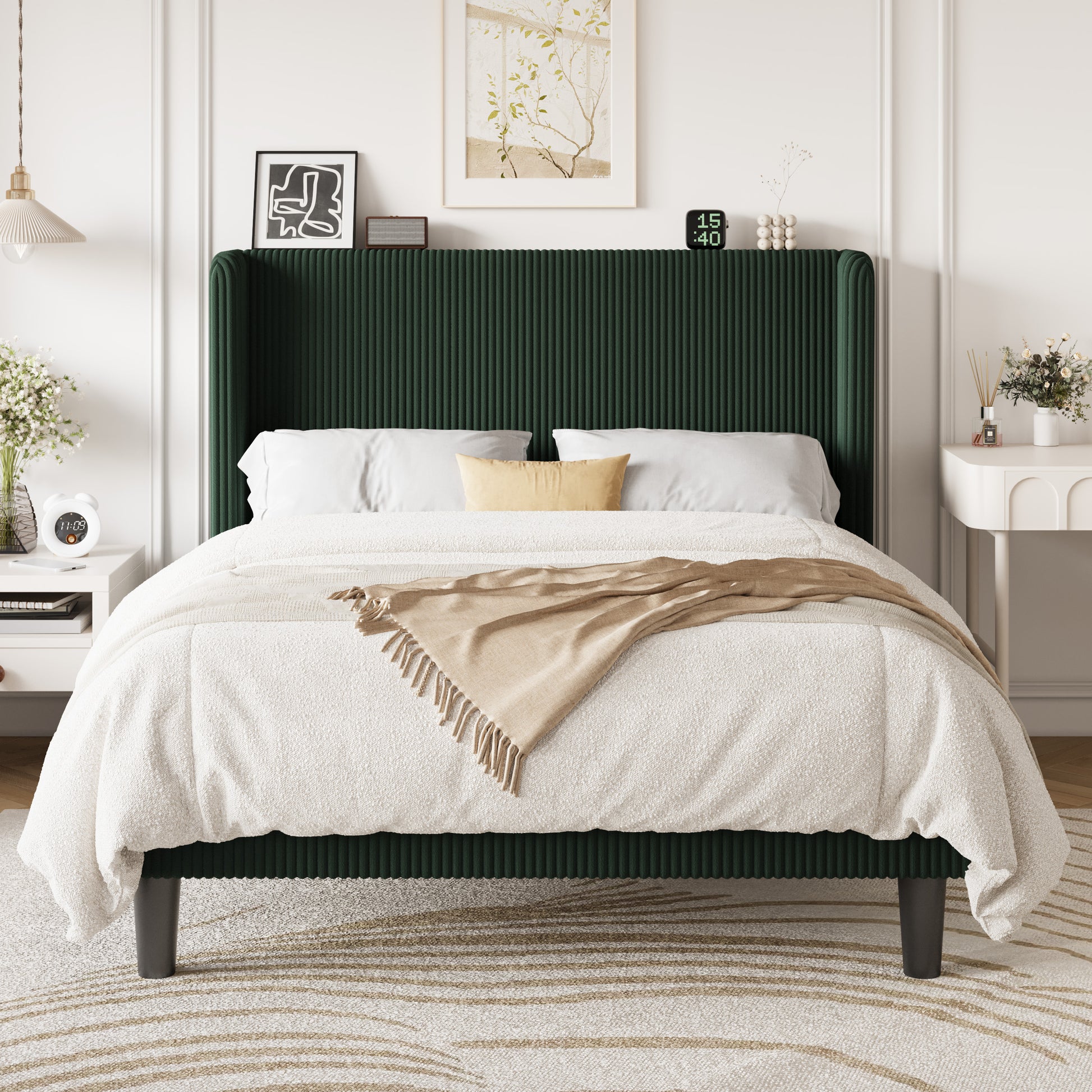 Einfach Luxury Channel-Tufted Corduroy Velvet Platform Bed Frame with Wingback Headboard