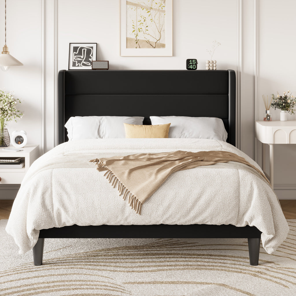 Einfach Luxury Velvet Upholstered Platform Bed Frame with Wingback Headboard