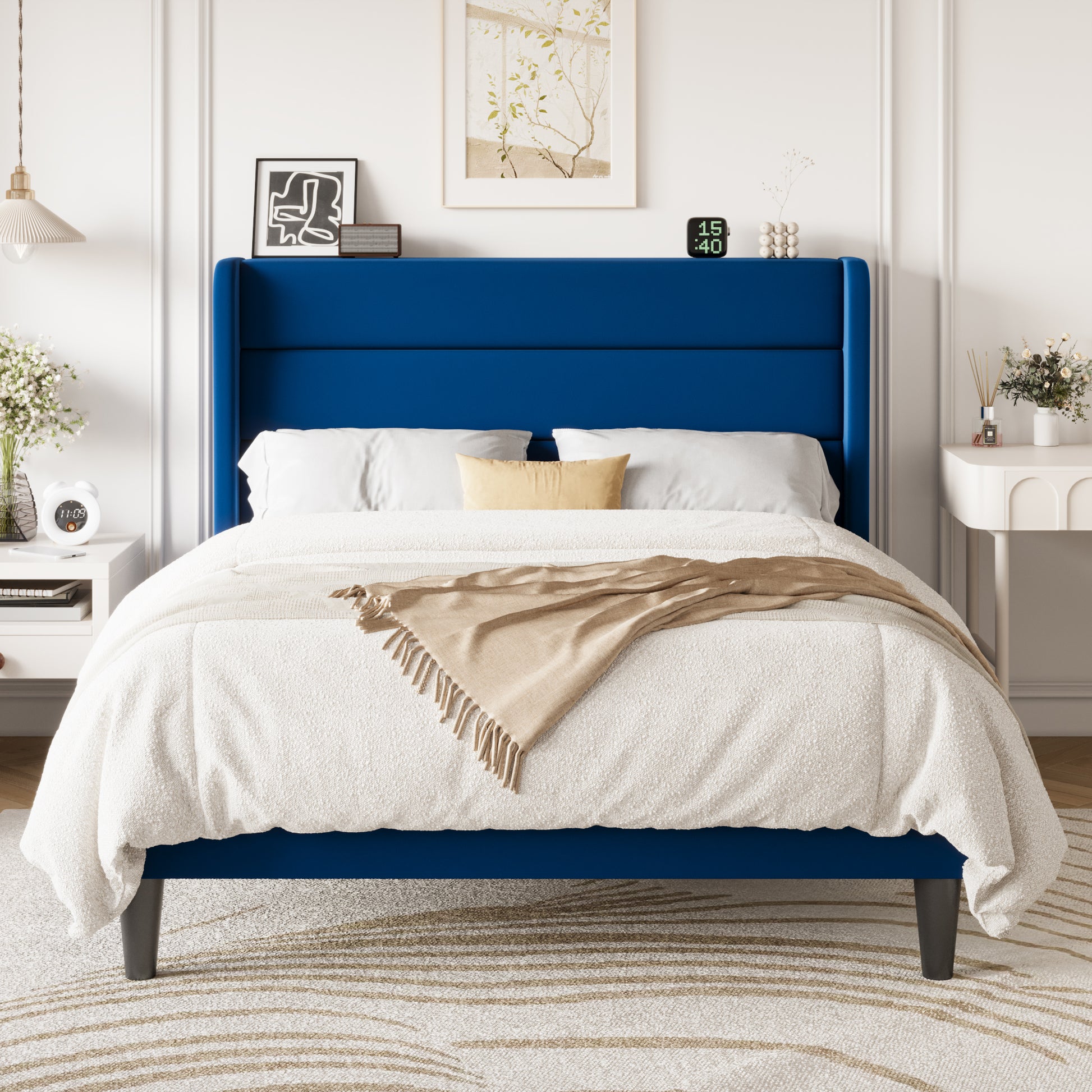 Einfach Luxury Velvet Upholstered Platform Bed Frame with Wingback Headboard