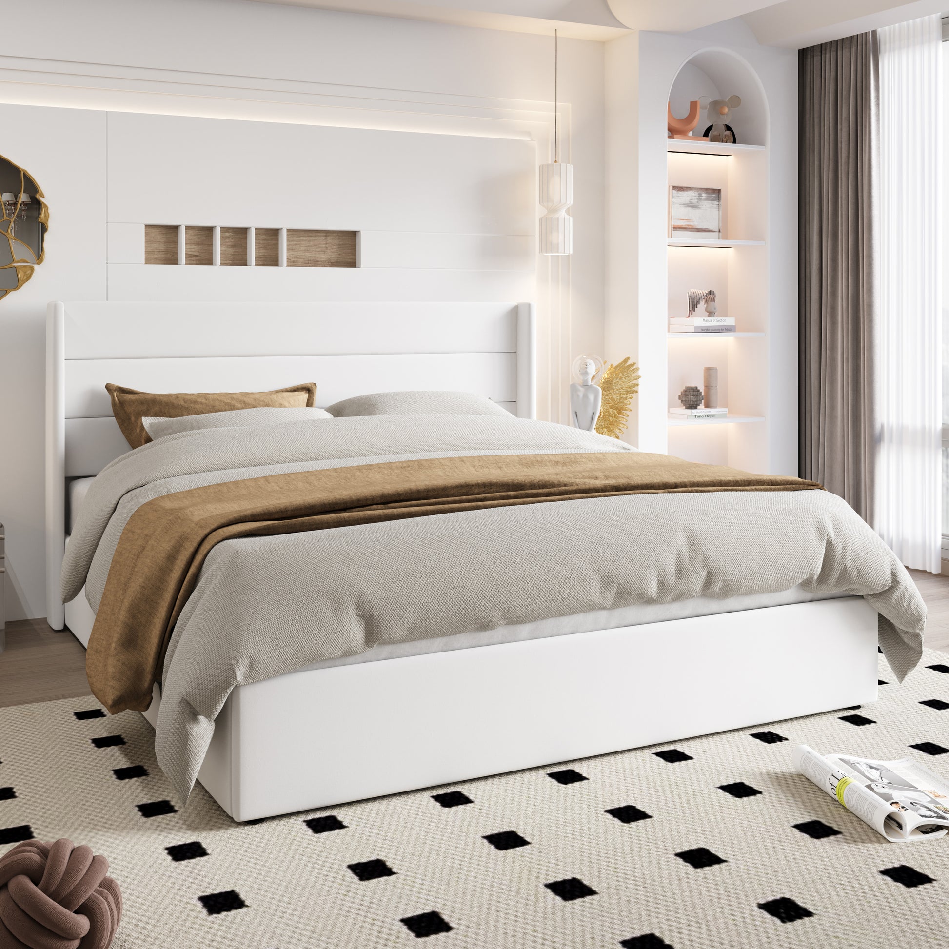 Einfach Hydraulic Lift up Platform Storage Bed Frame with Velvet Upholstered Wingback Panel Headboard