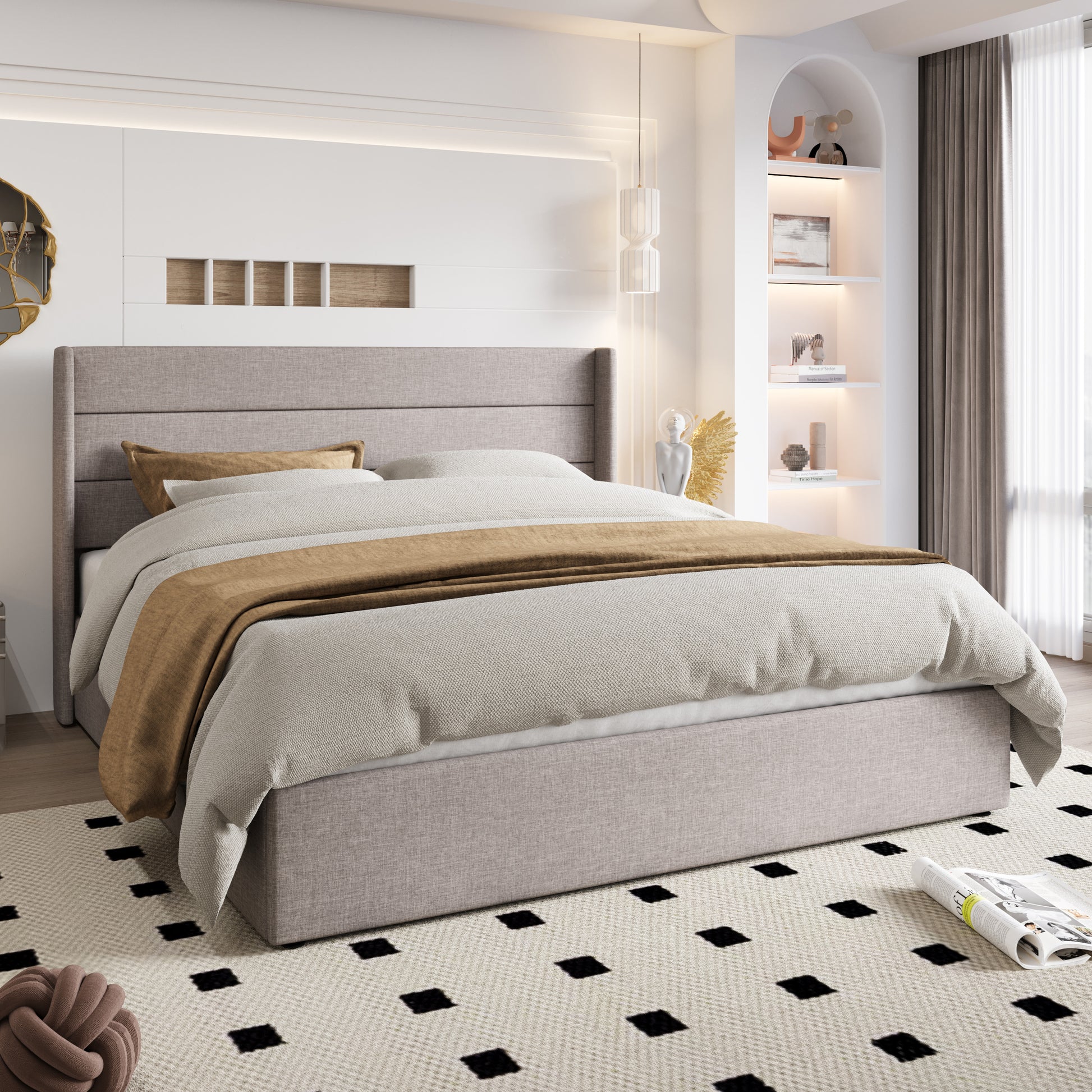 Einfach Lift up Platform Storage Bed Frame with Upholstered Wingback Headboard