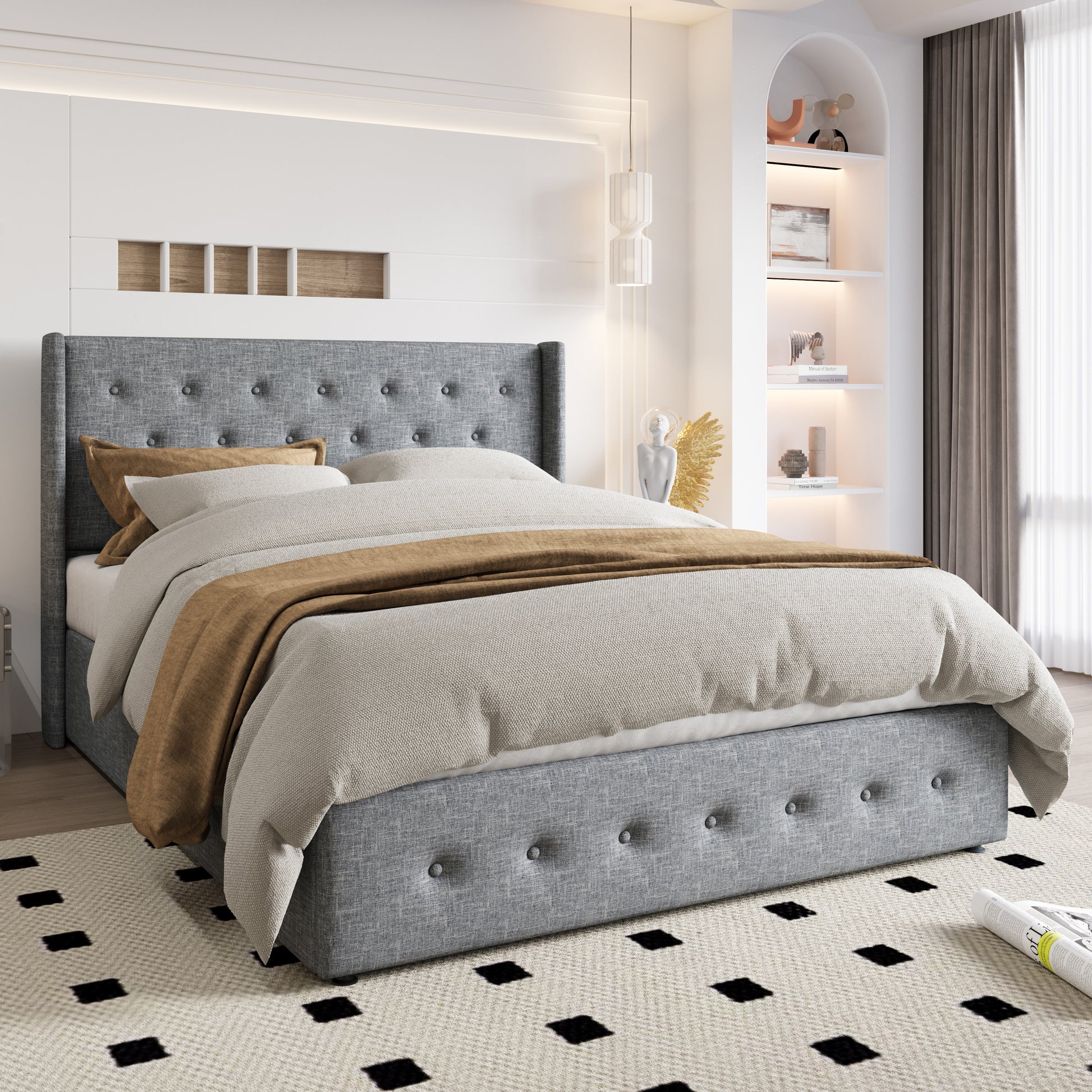 Einfach Lift up Platform Storage Bed Frame with Upholstered Wingback Headboard