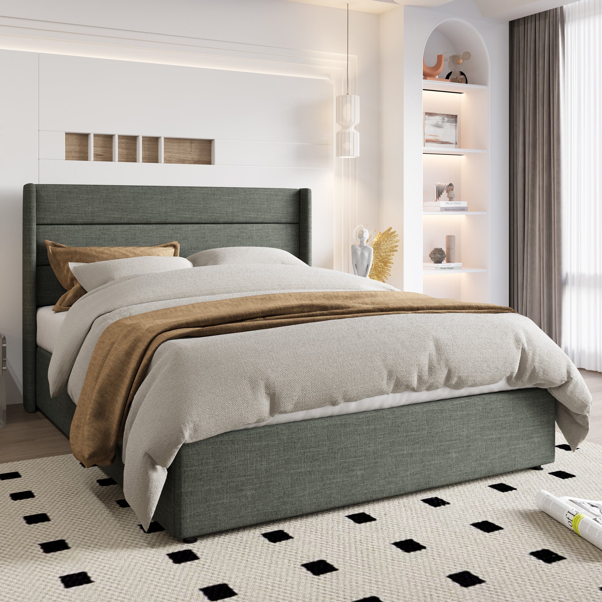 Einfach Lift up Platform Storage Bed Frame with Upholstered Wingback Headboard