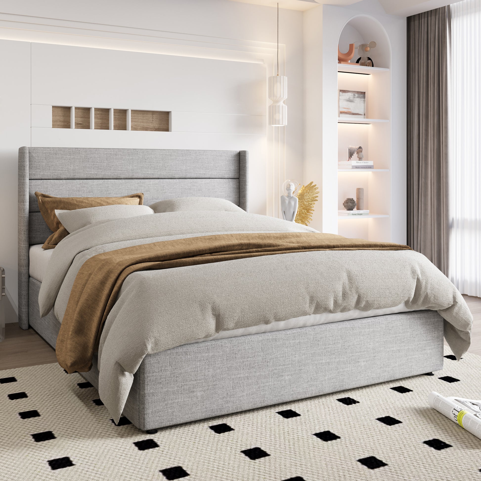 Einfach Lift up Platform Storage Bed Frame with Upholstered Wingback Headboard