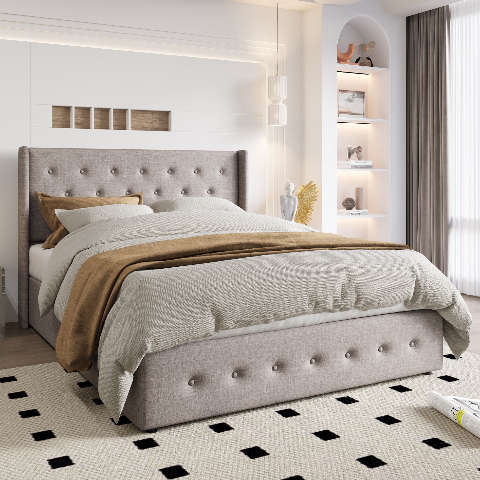 Einfach Lift up Platform Storage Bed Frame with Upholstered Wingback Headboard