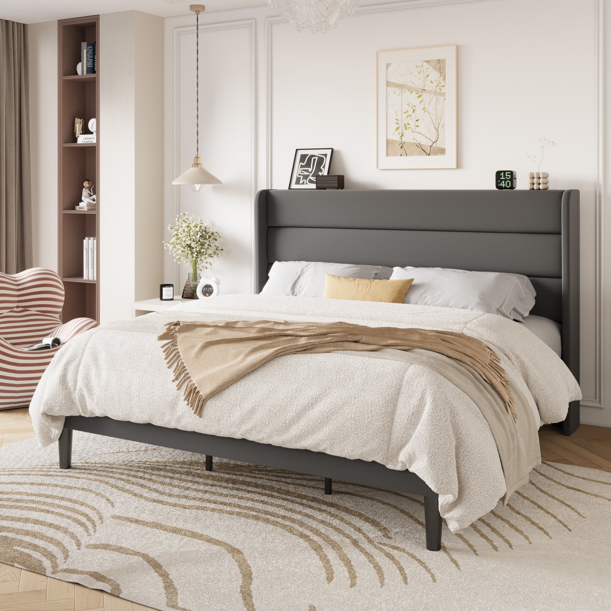 Einfach Luxury Velvet Upholstered Platform Bed Frame with Wingback Headboard