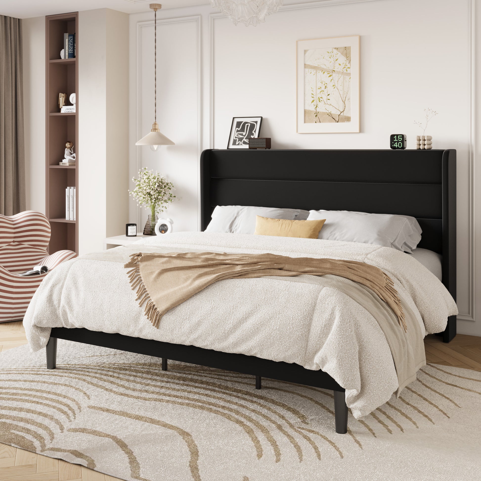 Einfach Luxury Velvet Upholstered Platform Bed Frame with Wingback Headboard