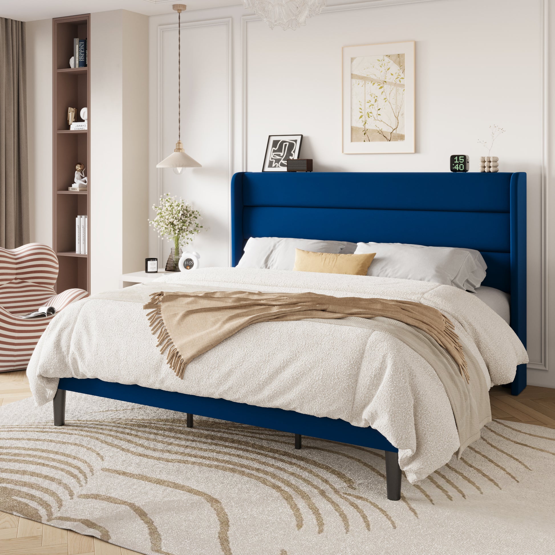 Einfach Luxury Velvet Upholstered Platform Bed Frame with Wingback Headboard