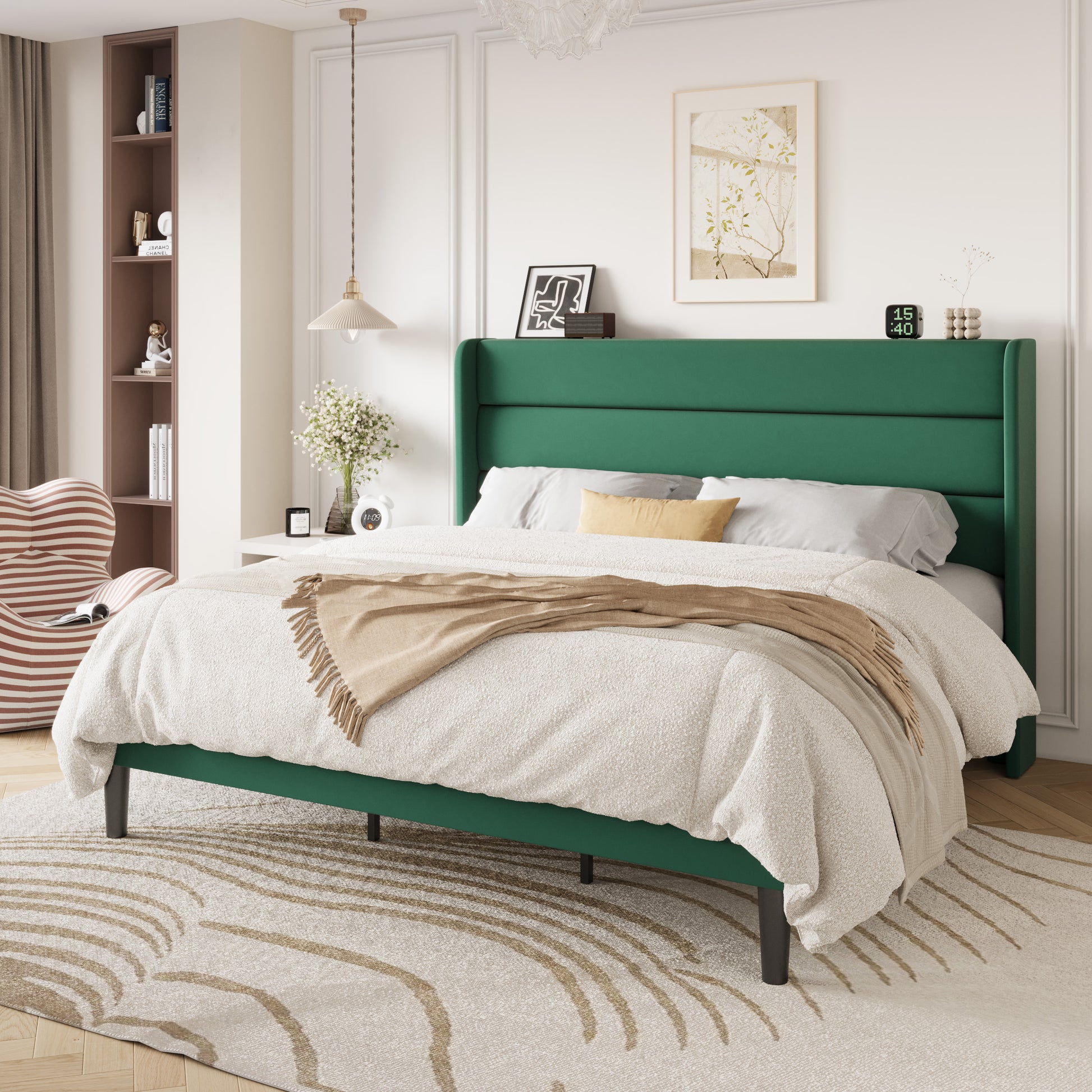 Einfach Luxury Velvet Upholstered Platform Bed Frame with Wingback Headboard