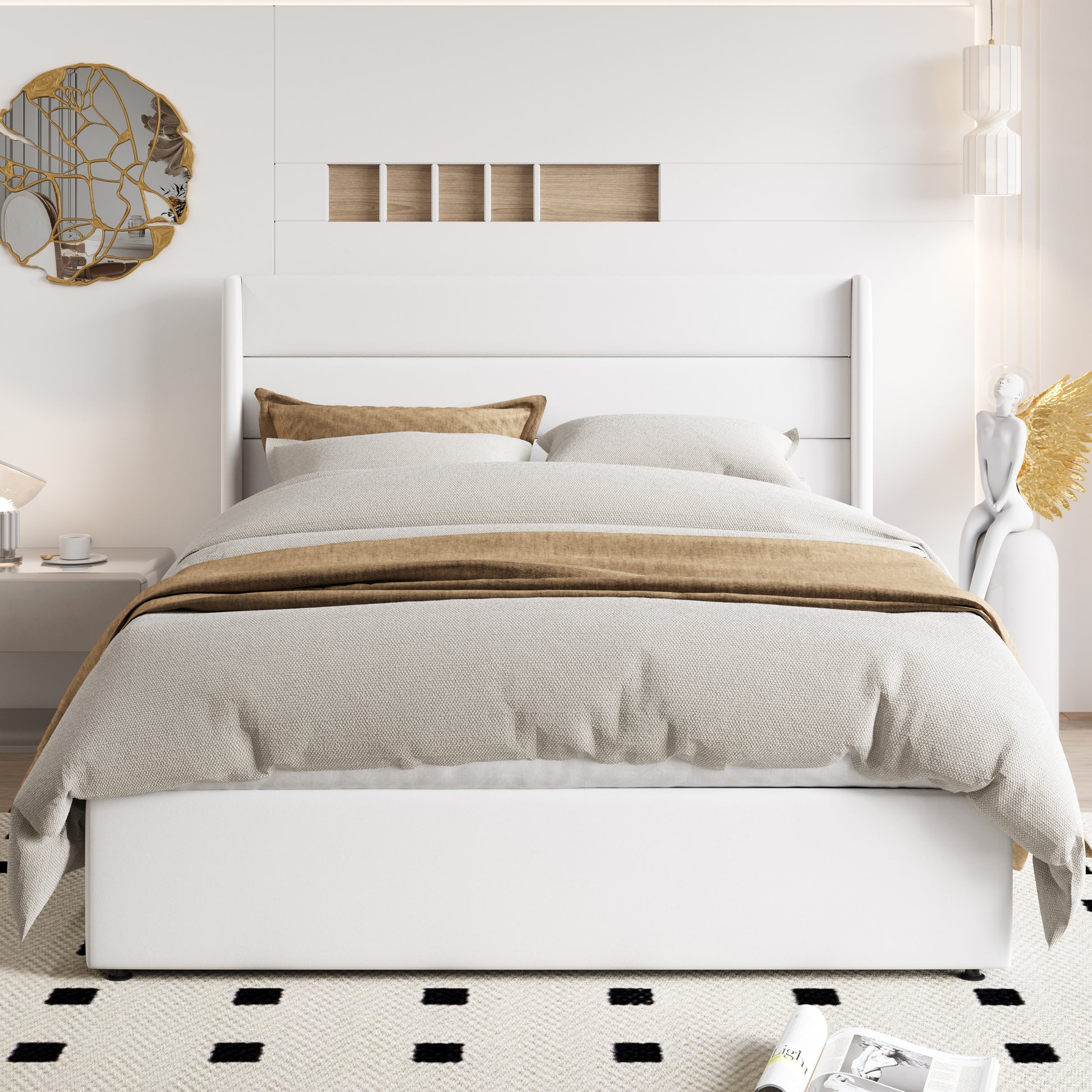 Einfach Hydraulic Lift up Platform Storage Bed Frame with Velvet Upholstered Wingback Panel Headboard
