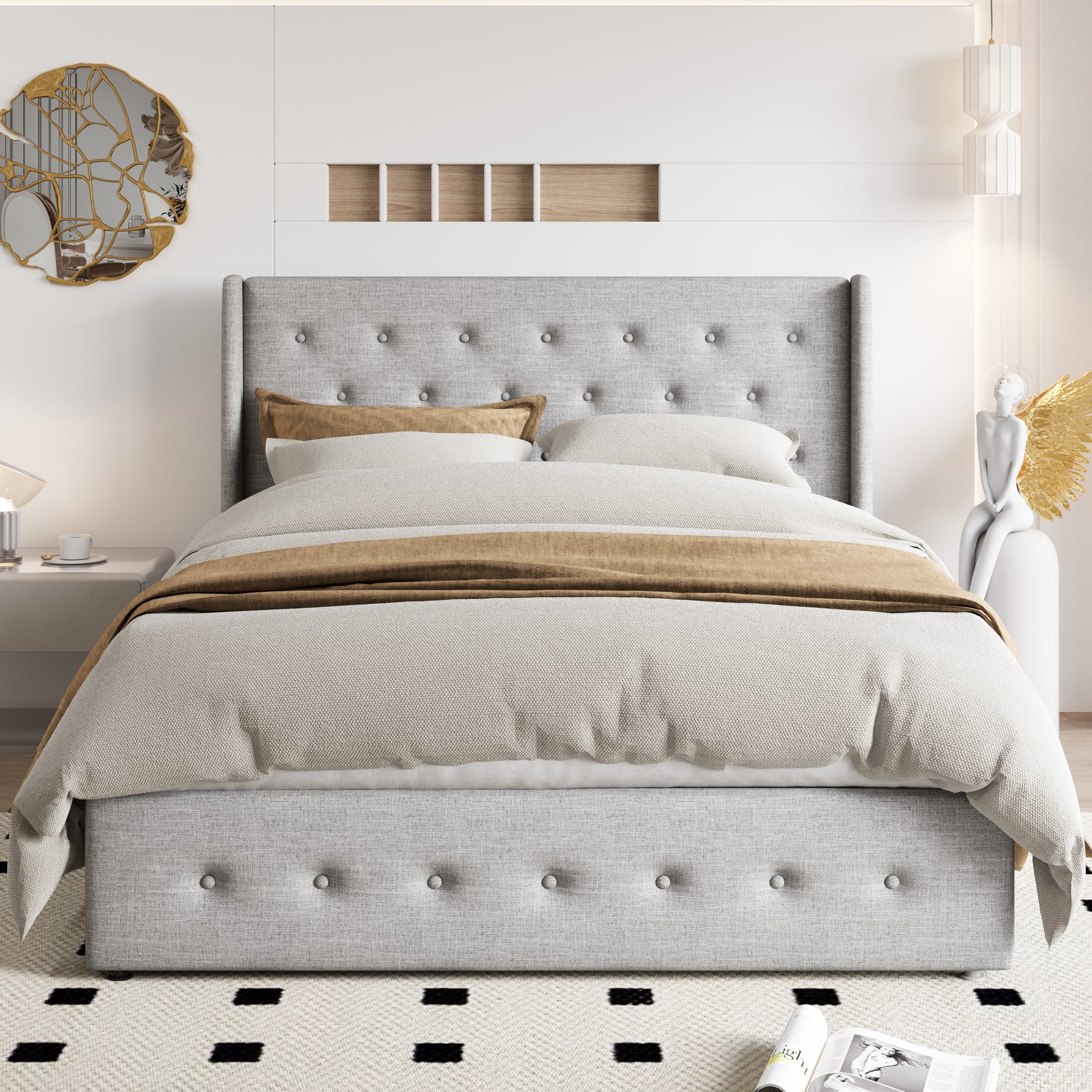 Einfach Lift up Platform Storage Bed Frame with Upholstered Wingback Headboard