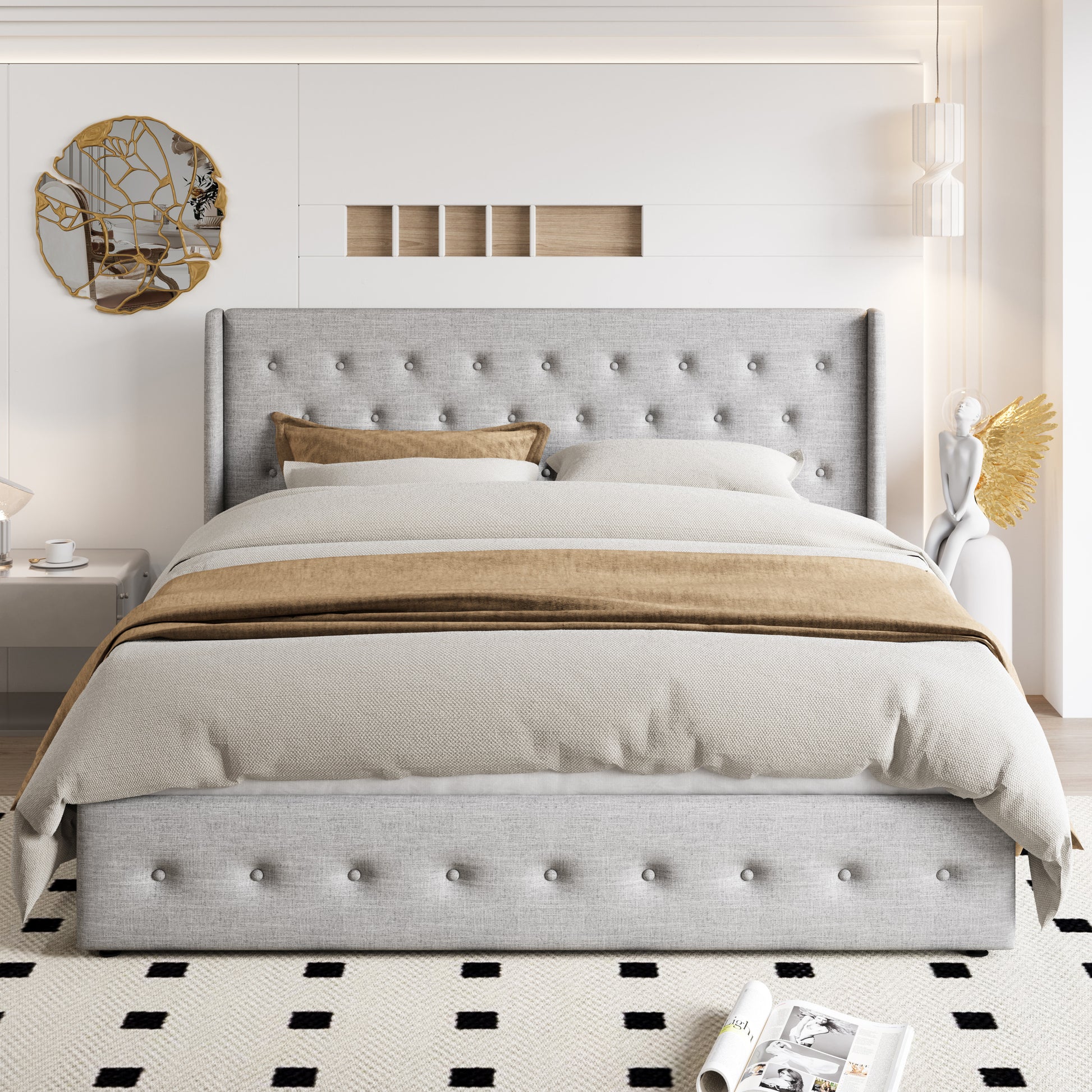 Einfach Lift up Platform Storage Bed Frame with Upholstered Wingback Headboard