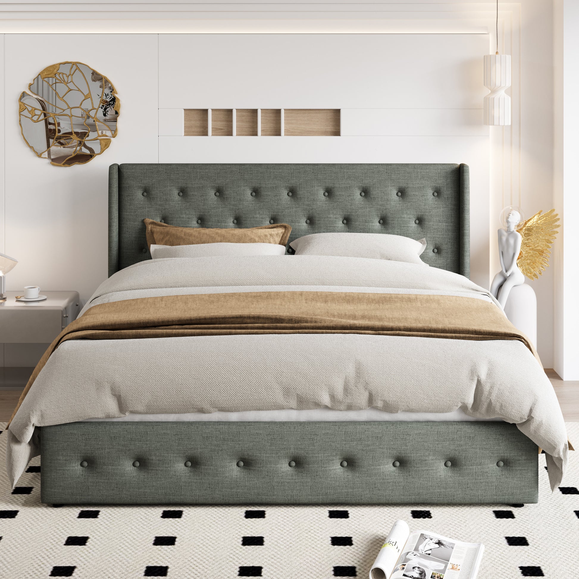 Einfach Lift up Platform Storage Bed Frame with Upholstered Wingback Headboard