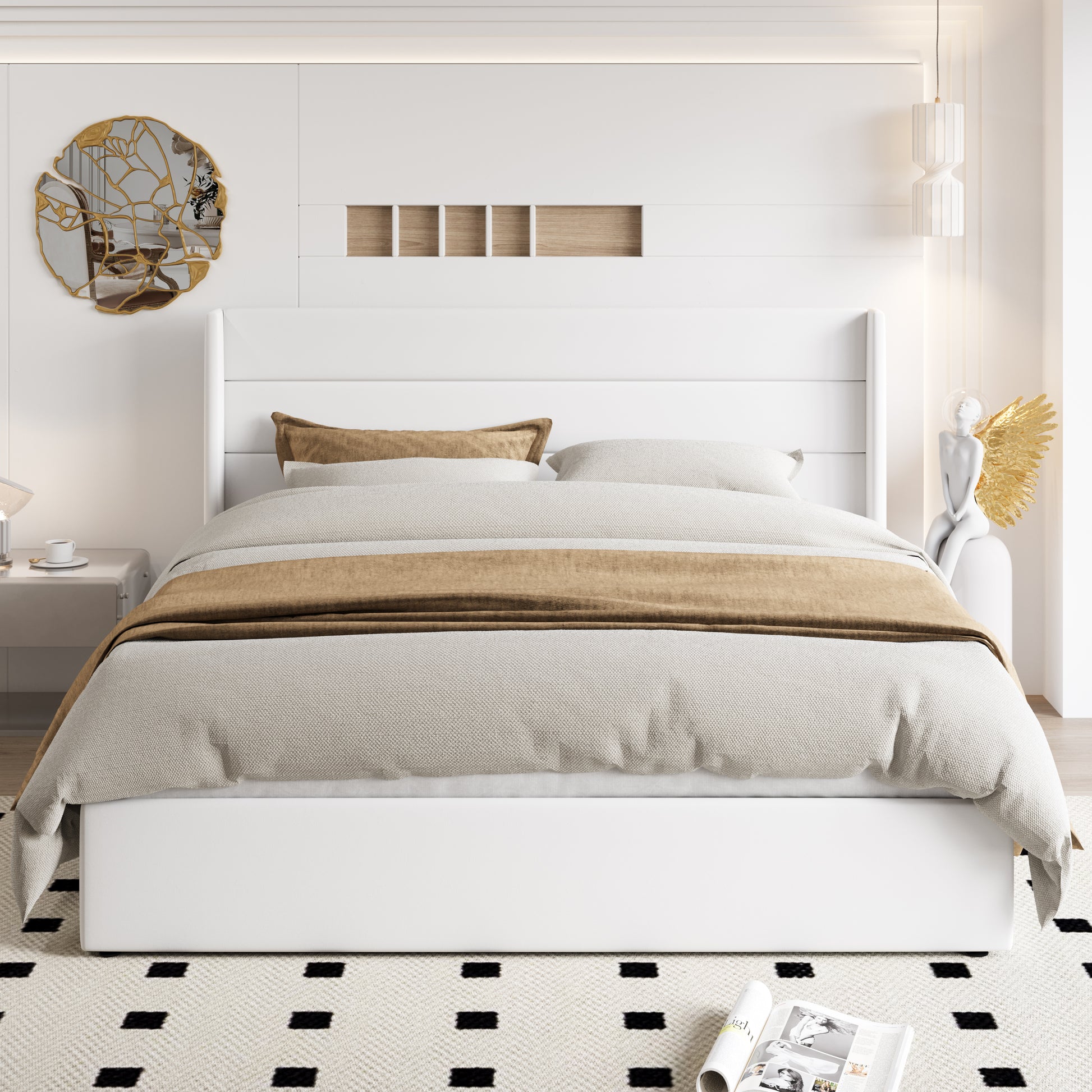 Einfach Hydraulic Lift up Platform Storage Bed Frame with Velvet Upholstered Wingback Panel Headboard