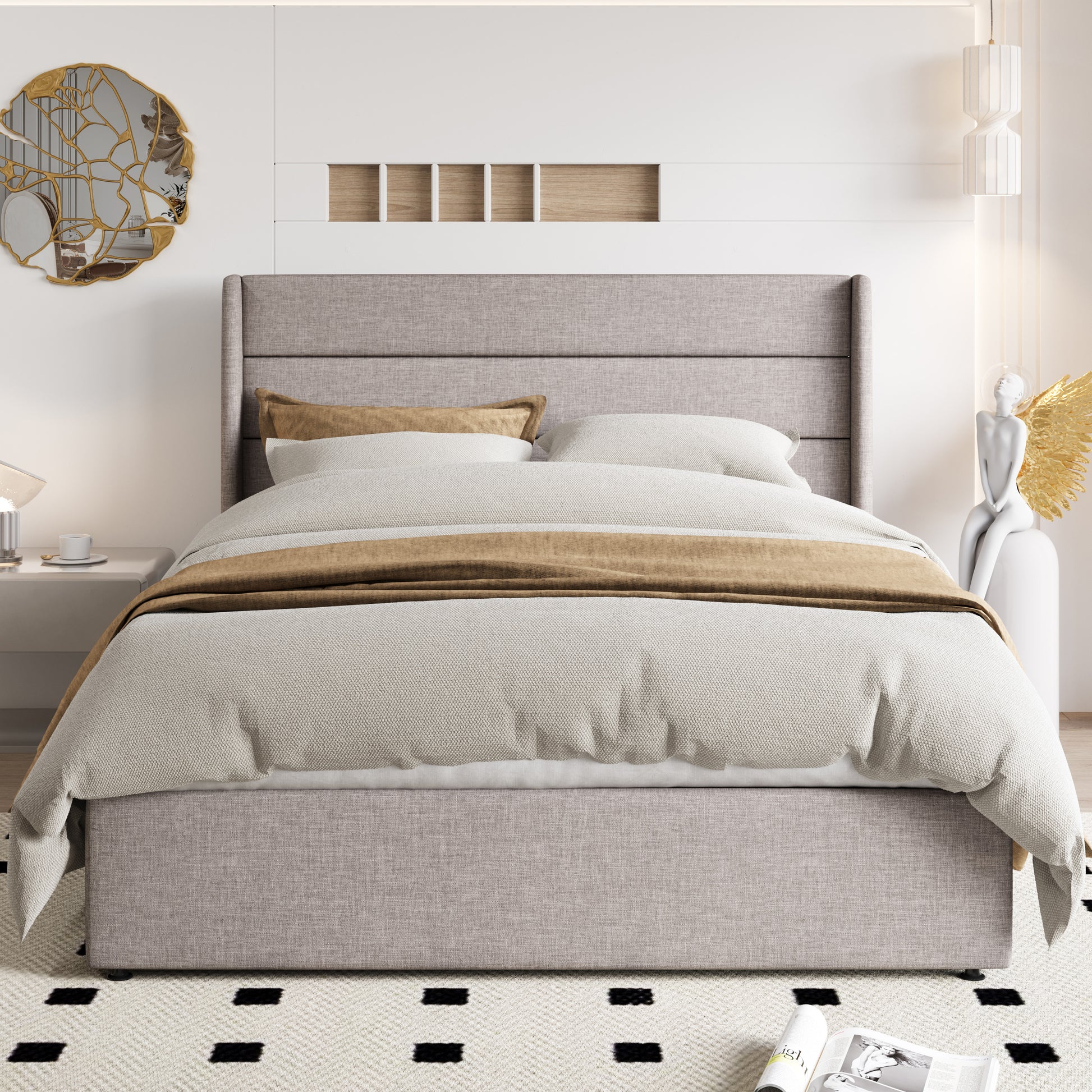Einfach Lift up Platform Storage Bed Frame with Upholstered Wingback Headboard