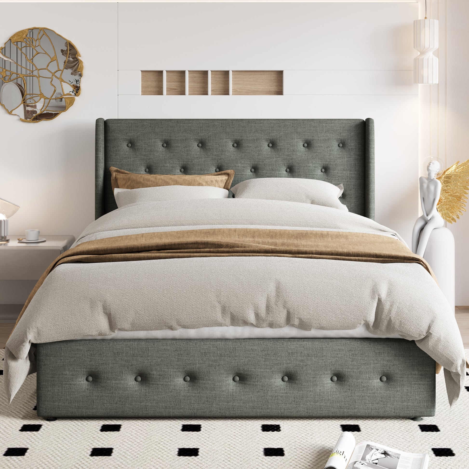 Einfach Lift up Platform Storage Bed Frame with Upholstered Wingback Headboard