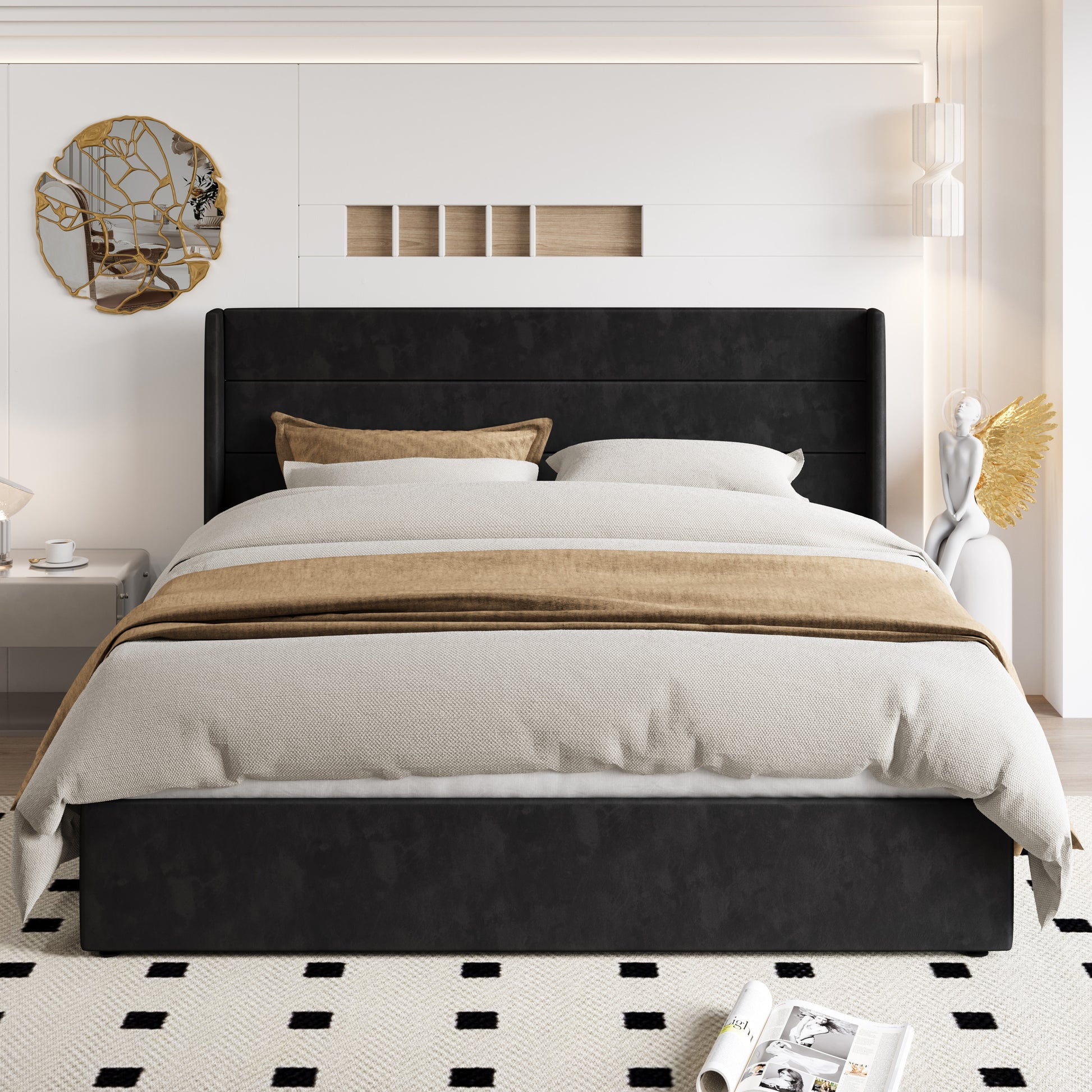 Einfach Hydraulic Lift up Platform Storage Bed Frame with Velvet Upholstered Wingback Panel Headboard