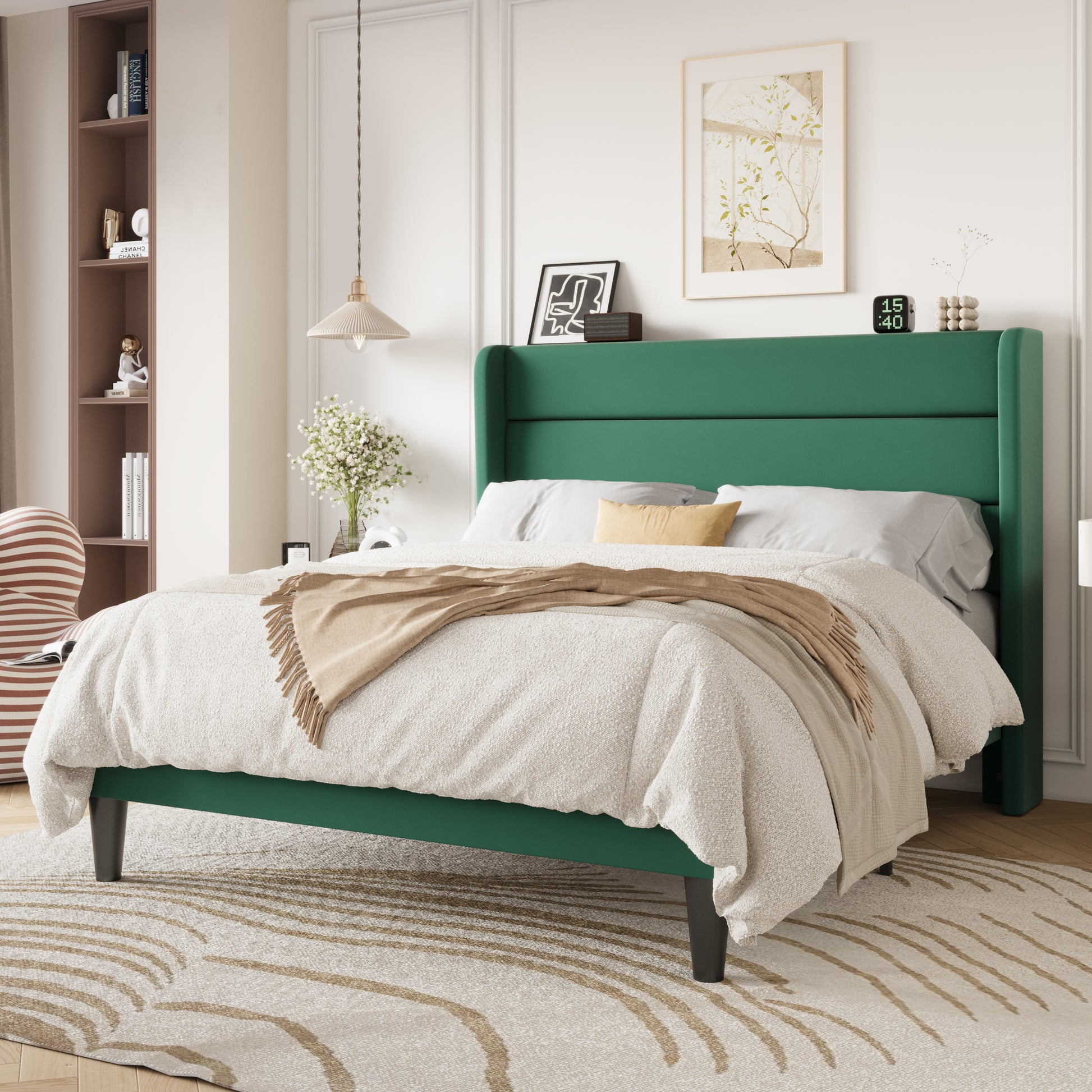 Einfach Luxury Velvet Upholstered Platform Bed Frame with Wingback Headboard