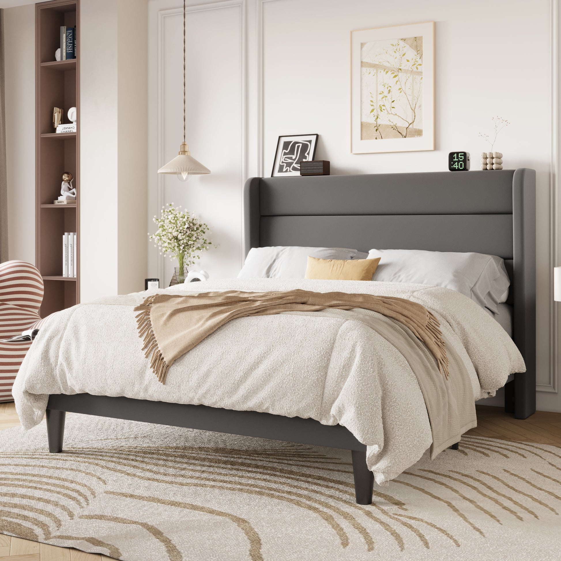 Einfach Luxury Velvet Upholstered Platform Bed Frame with Wingback Headboard