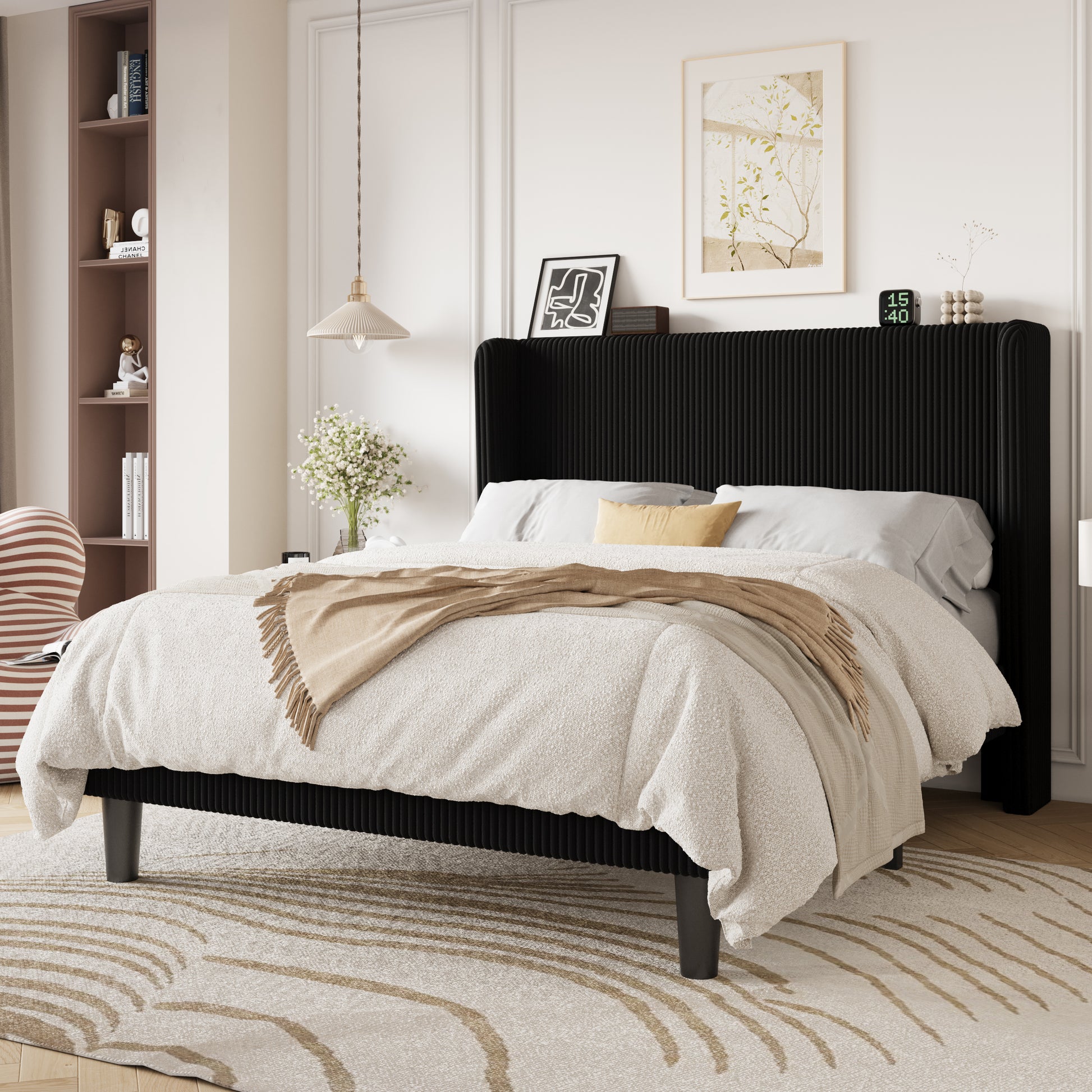 Einfach Luxury Channel-Tufted Corduroy Velvet Platform Bed Frame with Wingback Headboard
