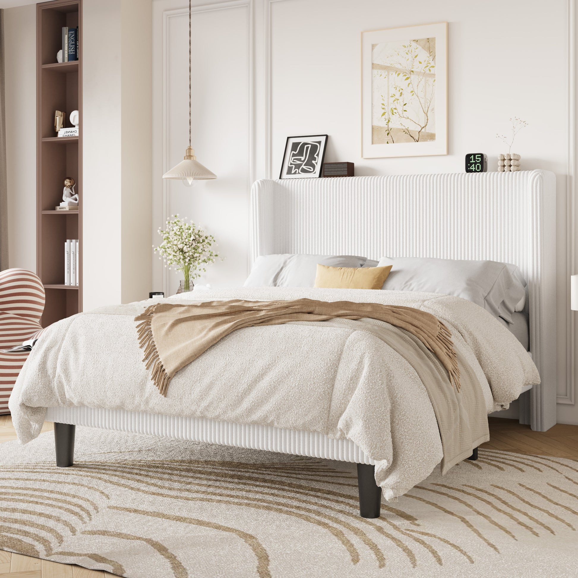 Einfach Luxury Channel-Tufted Corduroy Velvet Platform Bed Frame with Wingback Headboard