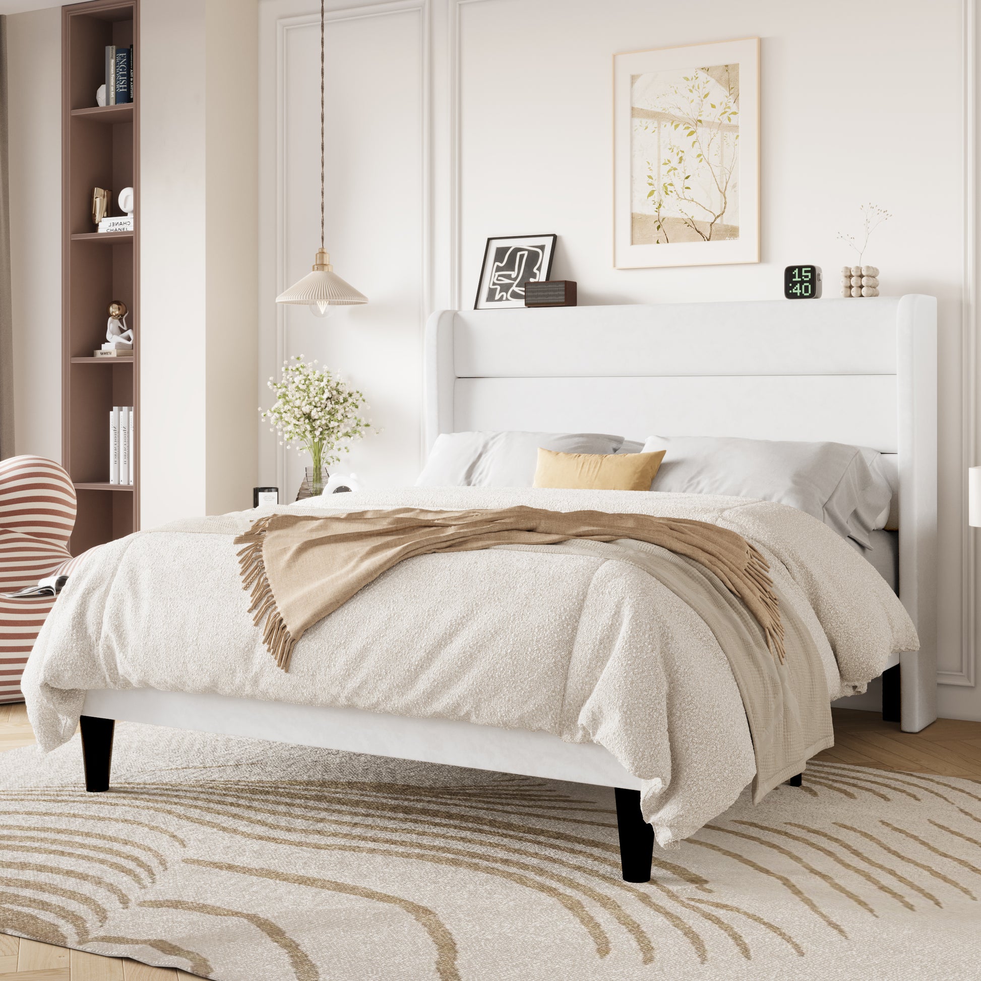 Einfach Luxury Velvet Upholstered Platform Bed Frame with Wingback Headboard