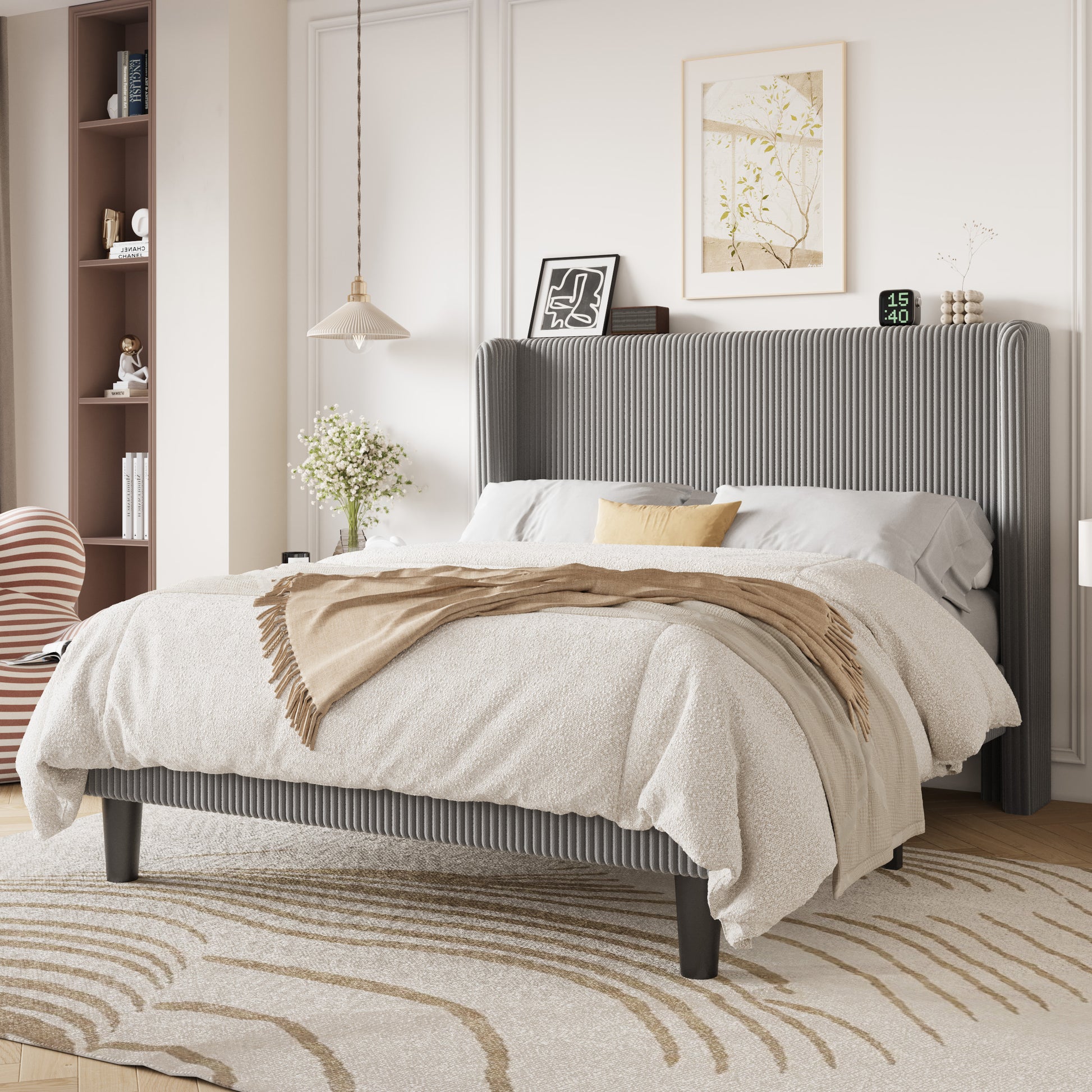Einfach Luxury Channel-Tufted Corduroy Velvet Platform Bed Frame with Wingback Headboard