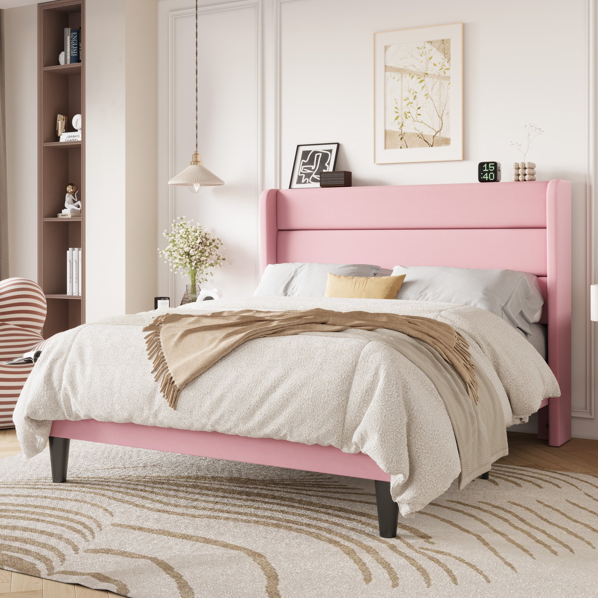 Einfach Luxury Velvet Upholstered Platform Bed Frame with Wingback Headboard