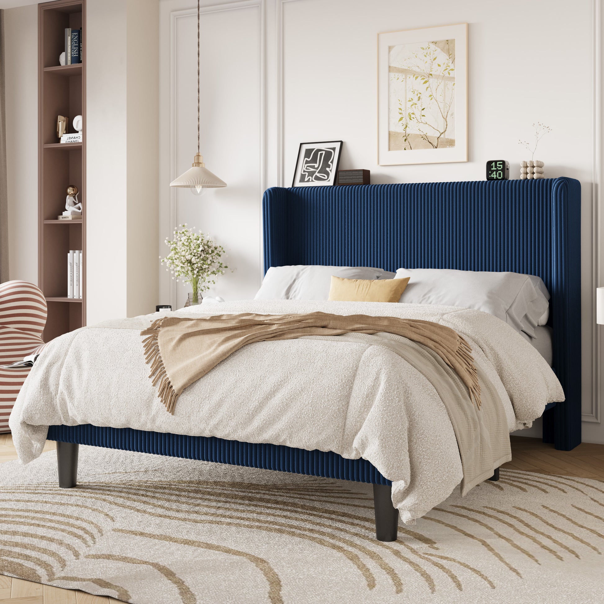 Einfach Luxury Channel-Tufted Corduroy Velvet Platform Bed Frame with Wingback Headboard