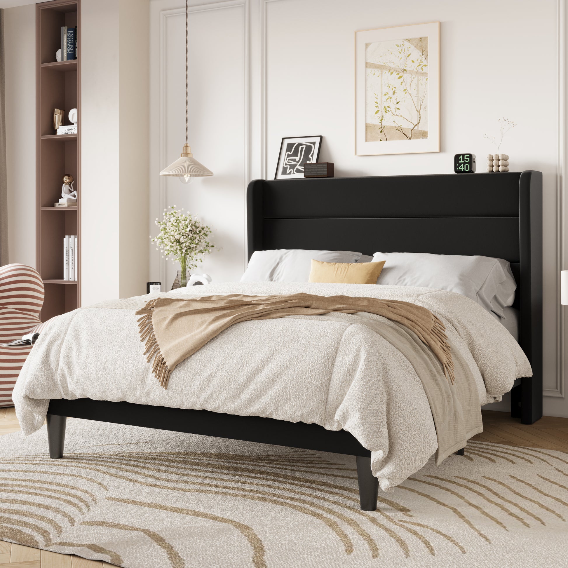 Einfach Luxury Velvet Upholstered Platform Bed Frame with Wingback Headboard