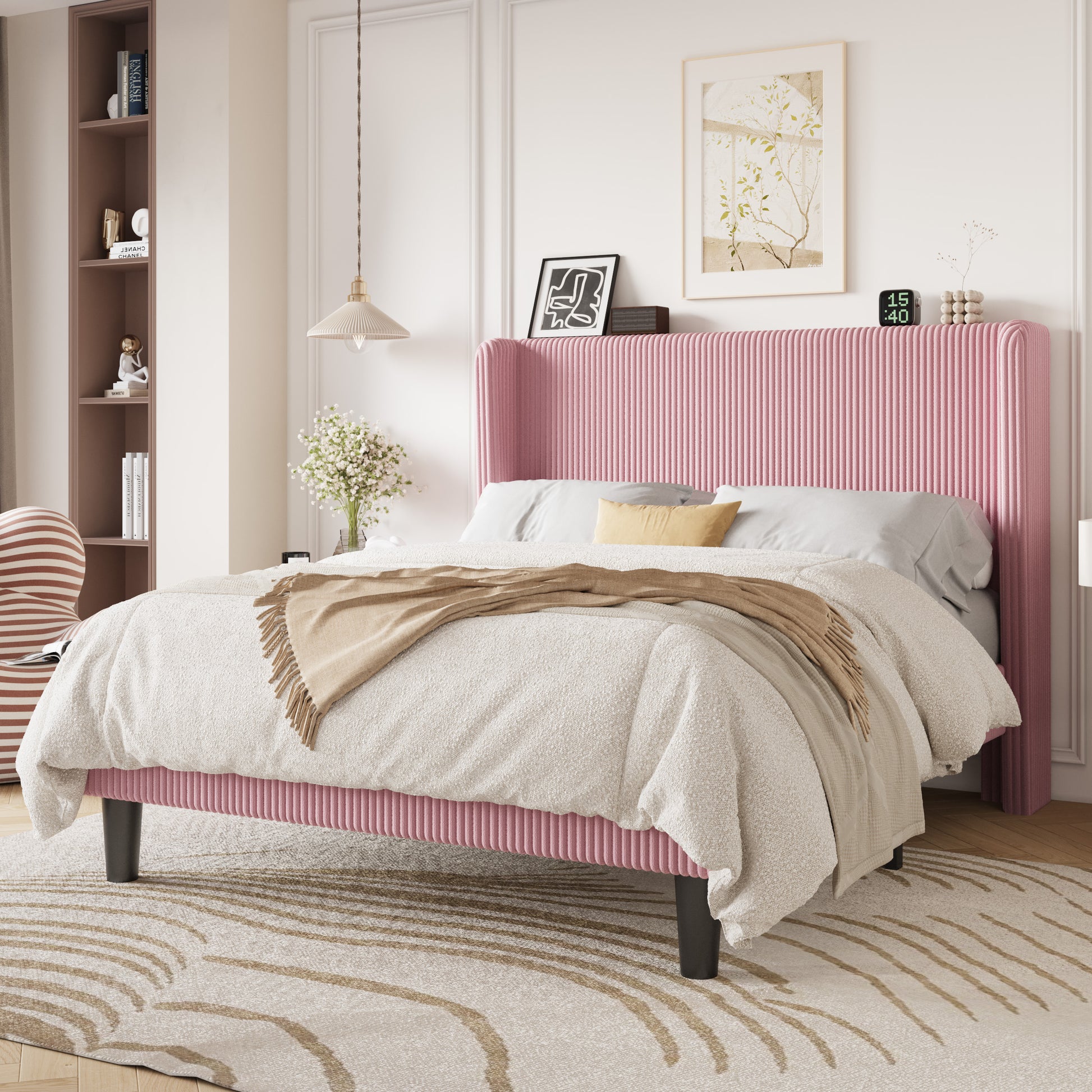 Einfach Luxury Channel-Tufted Corduroy Velvet Platform Bed Frame with Wingback Headboard