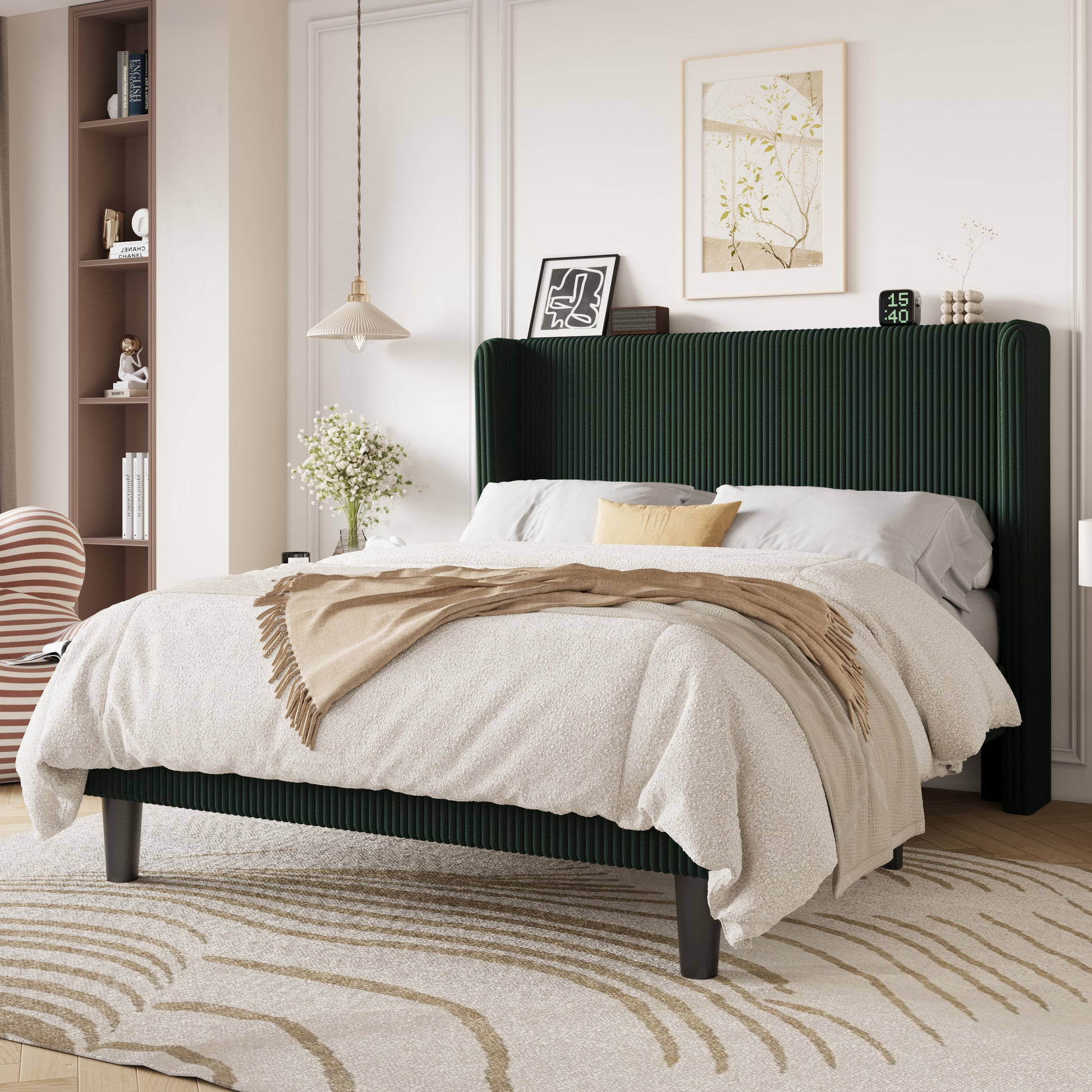 Einfach Luxury Channel-Tufted Corduroy Velvet Platform Bed Frame with Wingback Headboard