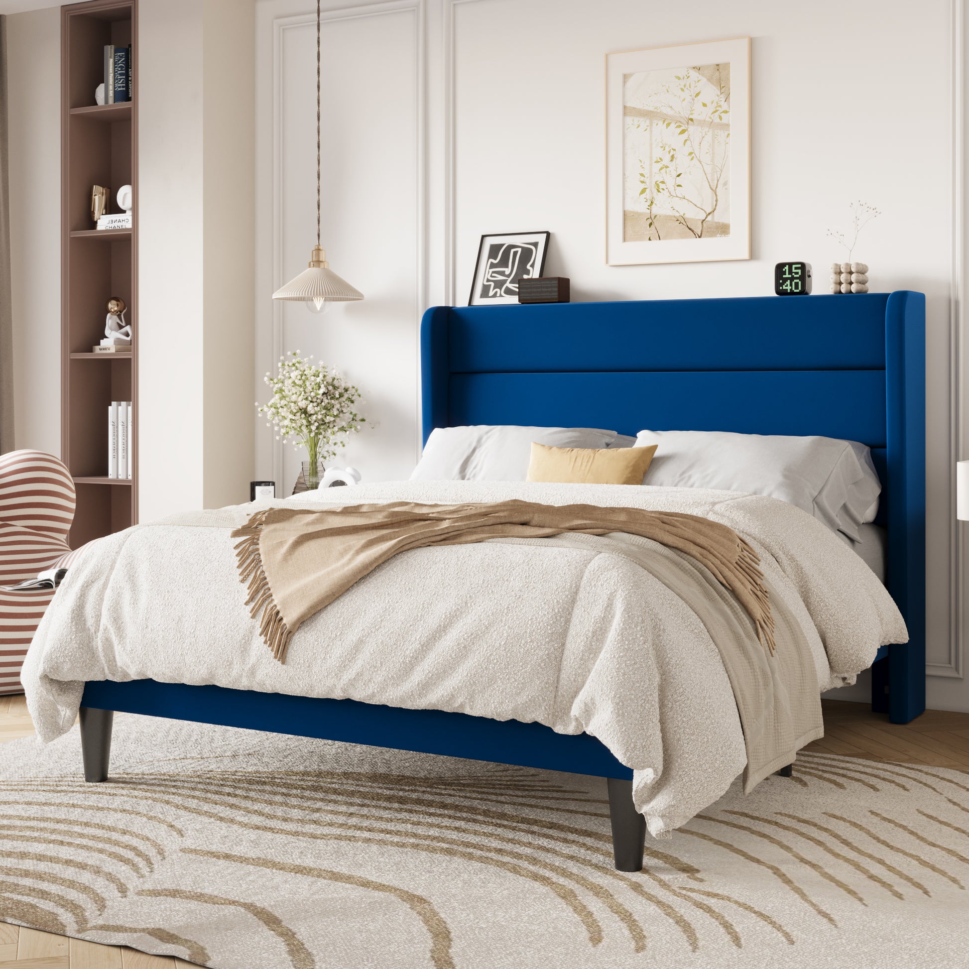 Einfach Luxury Velvet Upholstered Platform Bed Frame with Wingback Headboard